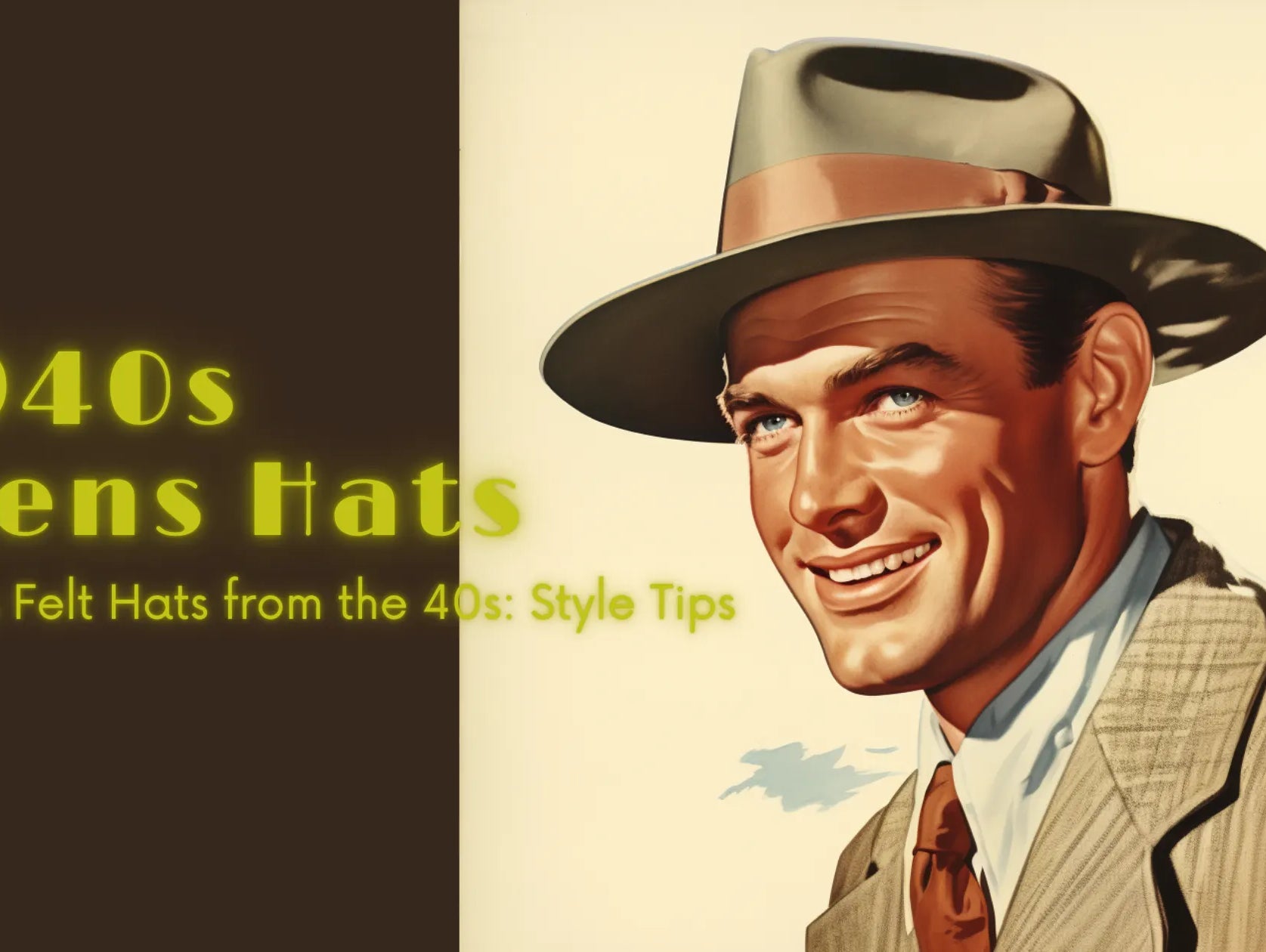 Illustrative banner featuring a smiling man from the 1940s wearing a stylish fedora hat, highlighting the charm and elegance of 1940s men's fashion.