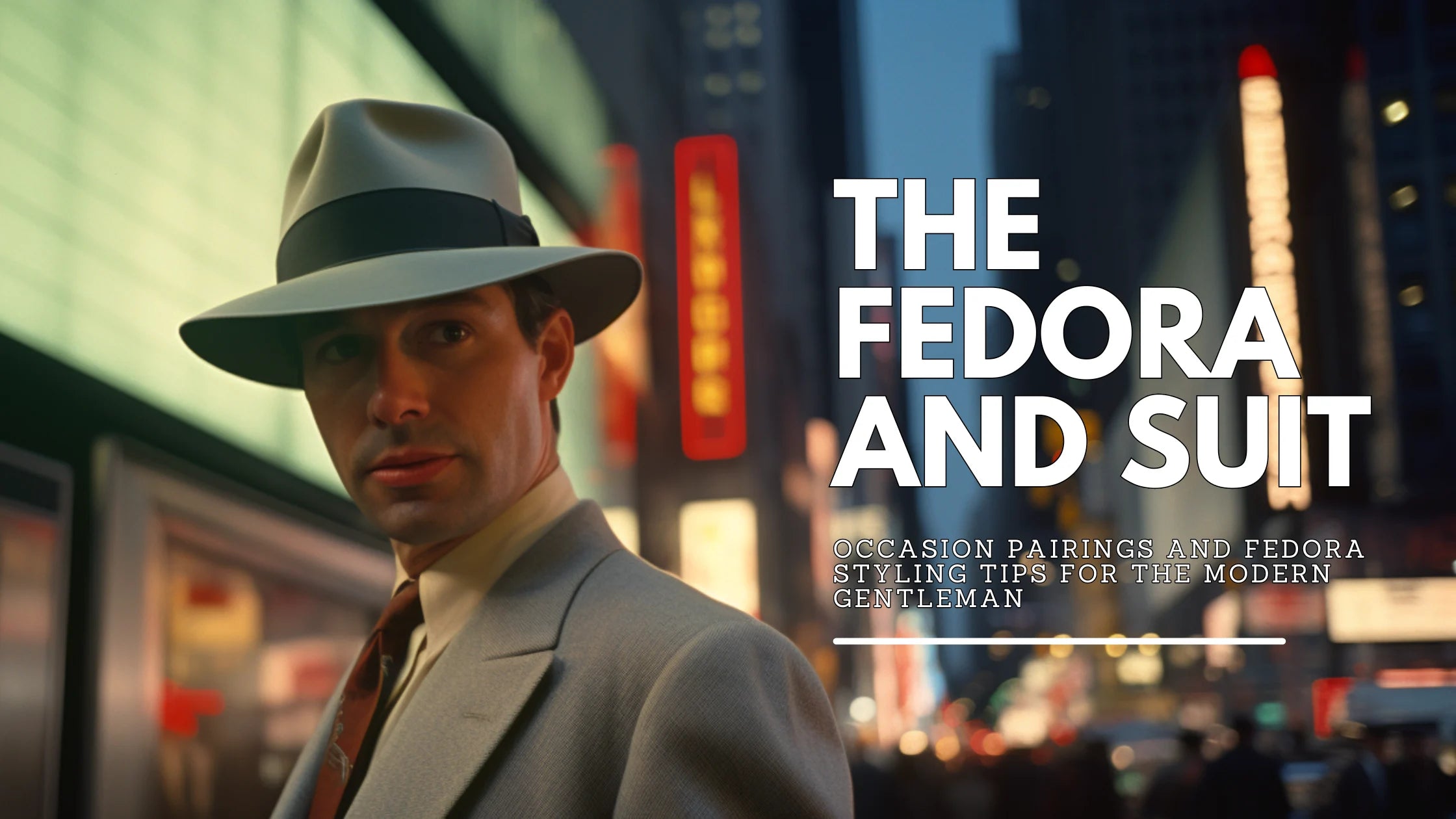 A man in a suit and fedora stands against a twilight city backdrop. City lights contrast the evening sky. Text reads 'THE FEDORA AND SUIT' with a subtitle on styling tips for the modern gentleman.