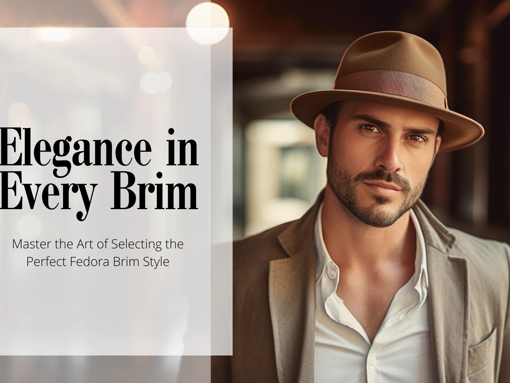 Bust-shot of a casually dressed man exuding confidence, wearing a wide-brim Agnoulita fedora, poised in a vintage urban setting with architectural elements.