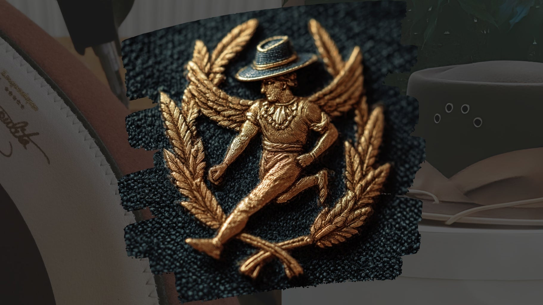 Close-up of a gold-embroidered laurel wreath emblem featuring a winged runner wearing a straw hat, overlaid on a background of hat-making tools and finished hats.