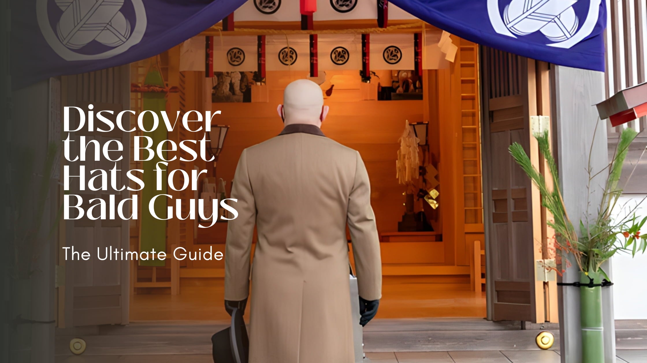 Bald man confidently holding a homburg hat in his hand, posing with the intricate interior of a Japanese temple in the background - exemplifying stylish hat options for bald guys, the subject of the blog post 'Discover the Best Hats for Bald Guys'.