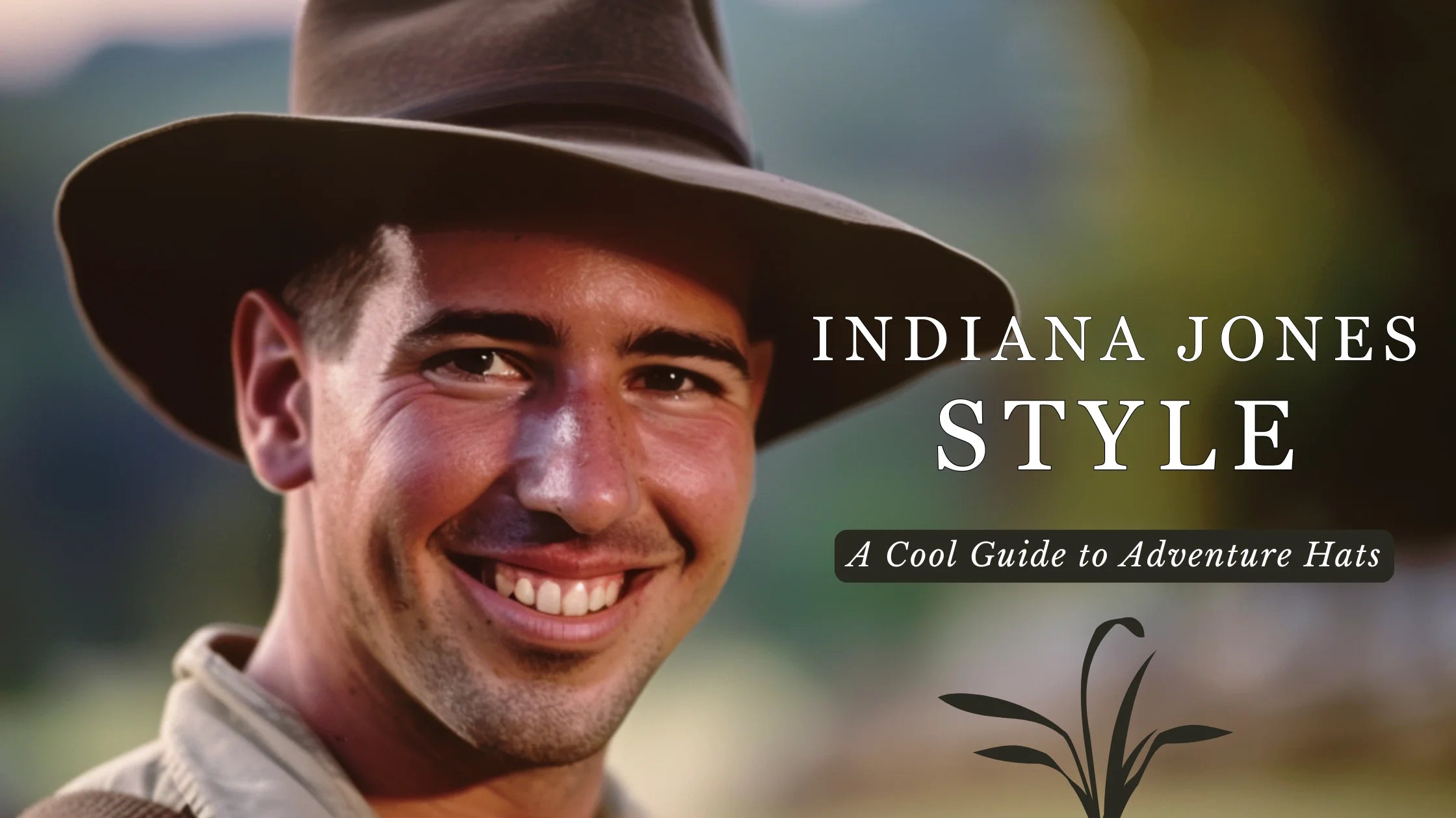 Smiling young adventurer wearing an Indiana Jones-style fedora with a scenic backdrop.