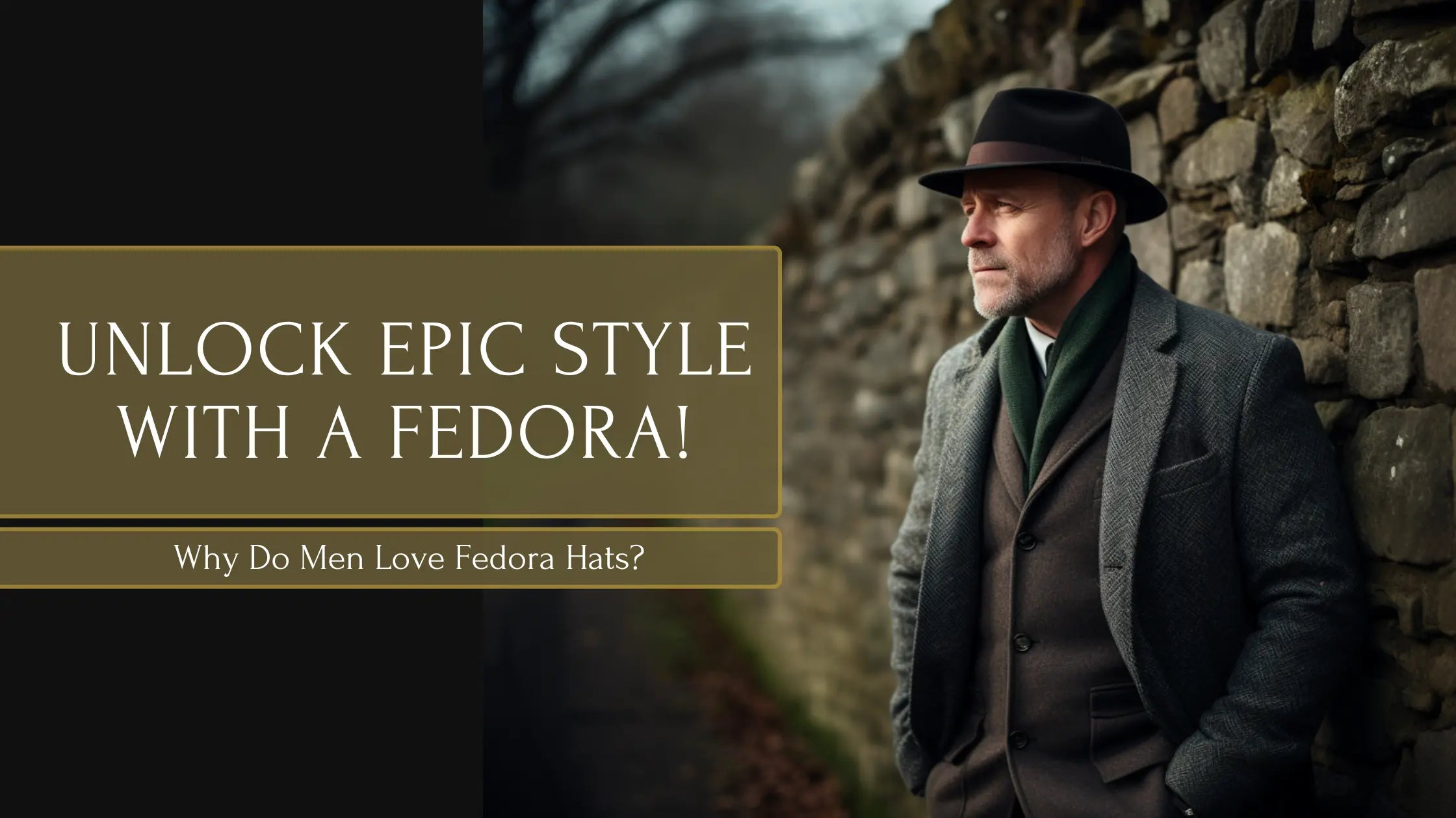 Blog Banner of Fedora Article featuring featuring a middle-aged man in a tweed coat and an Agnoulita felt fedora hat, set against the backdrop of the countryside and a stone wall.