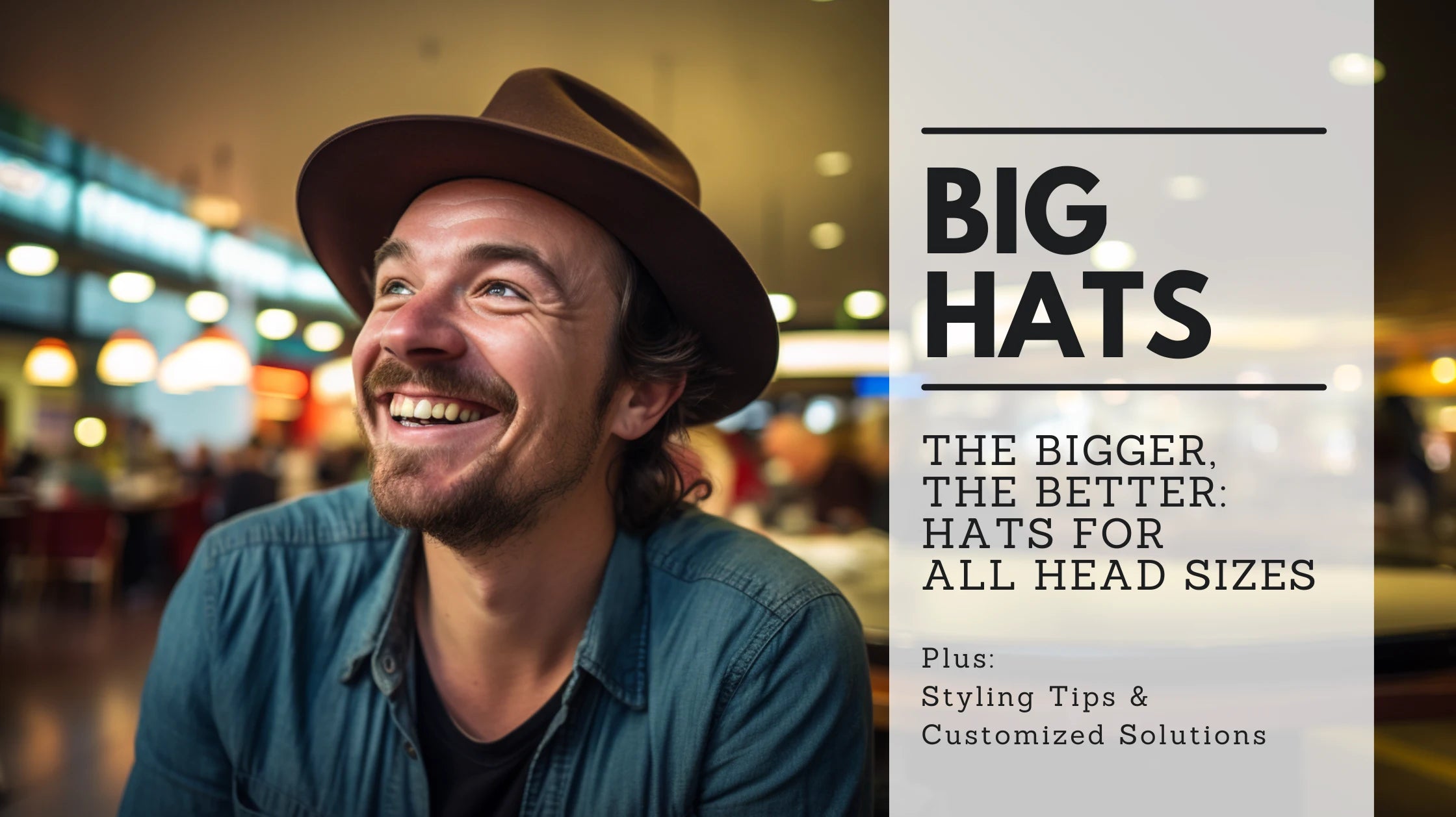 Mid-30s man wearing an Agnoulita felt hat with an indented crown and a stylish 2.5-inch flat brim, captured candidly in a moment of laughter, with a bustling food court as the backdrop
