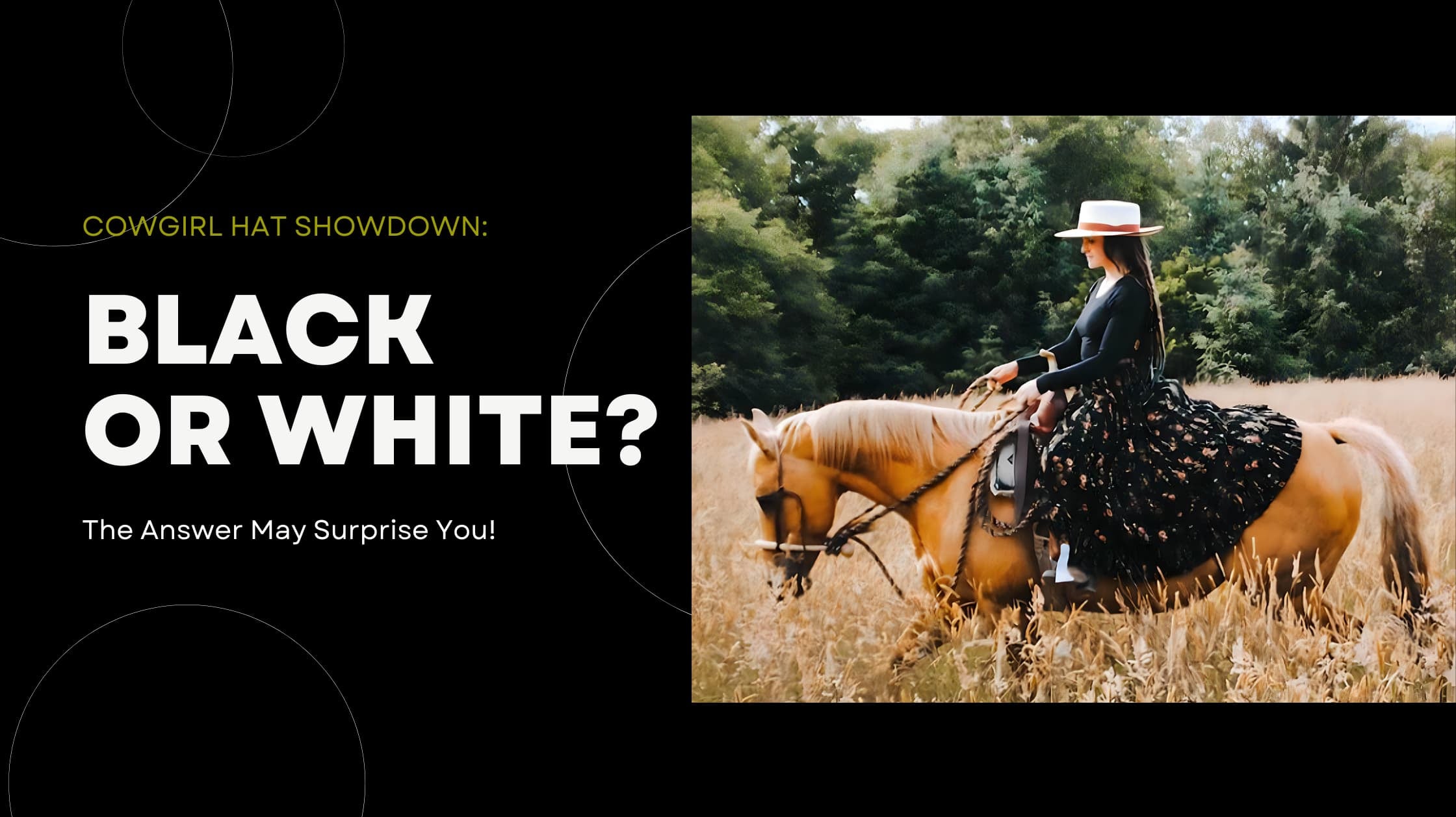 Blog post banner of a lady on horseback wearing a white Agnoulita cowgirl hat, riding through a dreamlike forest with tall golden grass.