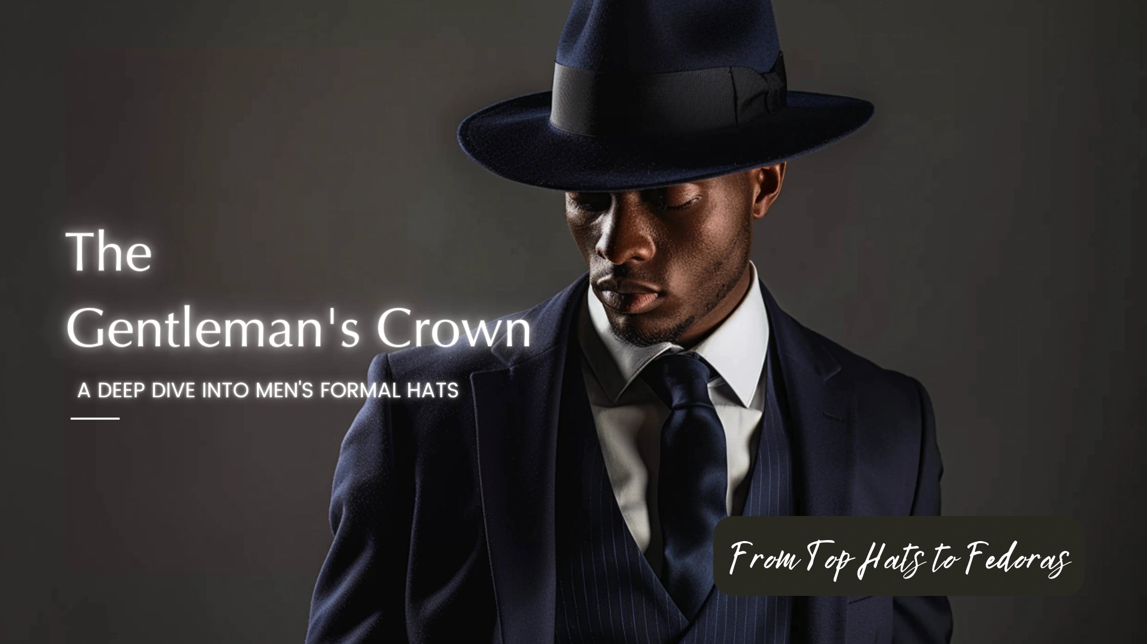 Sophisticated black man wearing a classic fedora hat and a dark suit, embodying the essence of men's formal hats in 'The Gentleman's Crown' blog post.