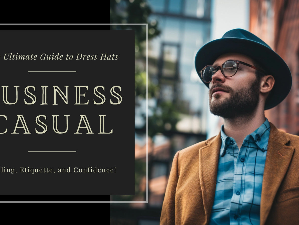 Fashionable man in a teal fedora paired with a business casual outfit, featured on 'The Ultimate Guide to Dress Hats' cover.