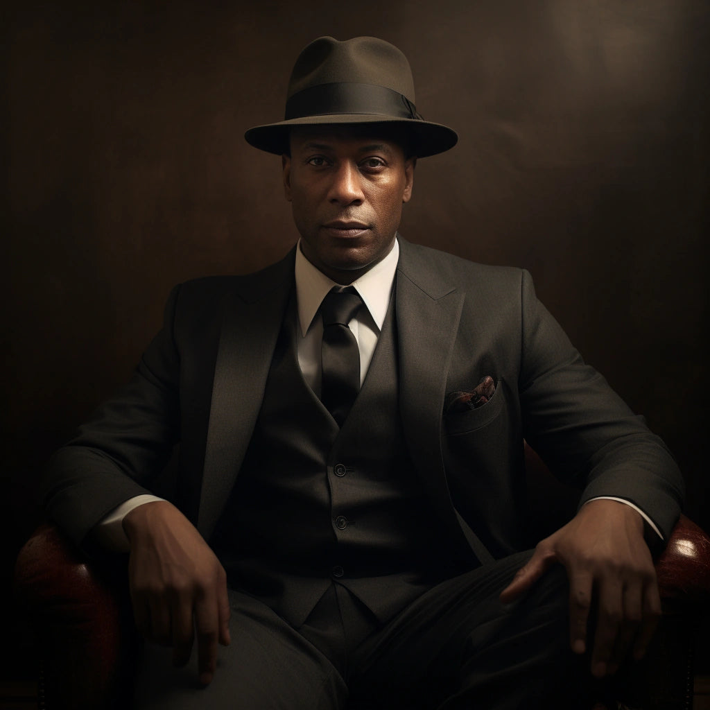 Distinguished gentleman in a sleek black fedora and tailored suit, exuding sophistication against a textured brown backdrop, showcasing Agnoulita Hats' Artisan’s Touch Collection of handcrafted elegant fedoras