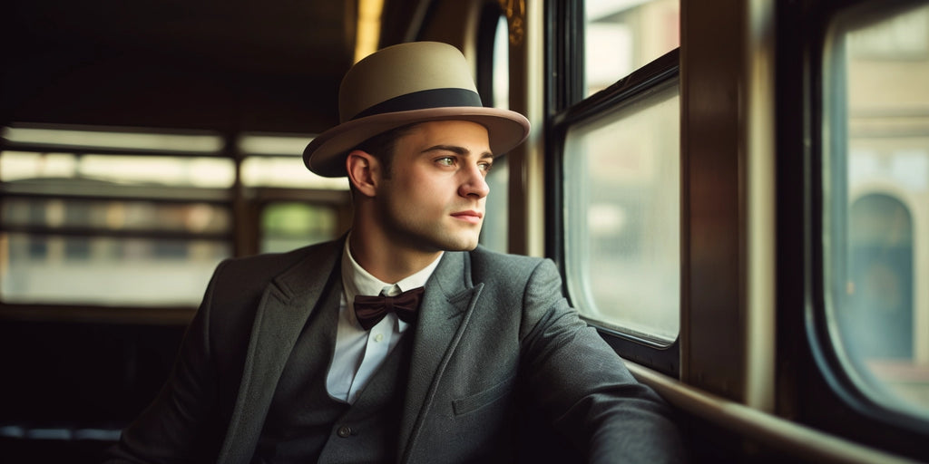 A thoughtful young man adorned in a beige Homburg hat and tailored grey suit gazes out a window, with the gentle light illuminating his profile. His bowtie adds an extra touch of sophistication to his classic ensemble