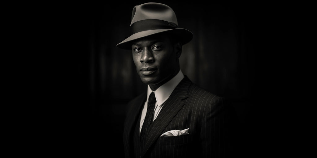 Classic black and white portrait of a contemporary jazz musician in a suit and a custom handmade Agnoulita fedora, evoking a timeless sense of style and artistry.