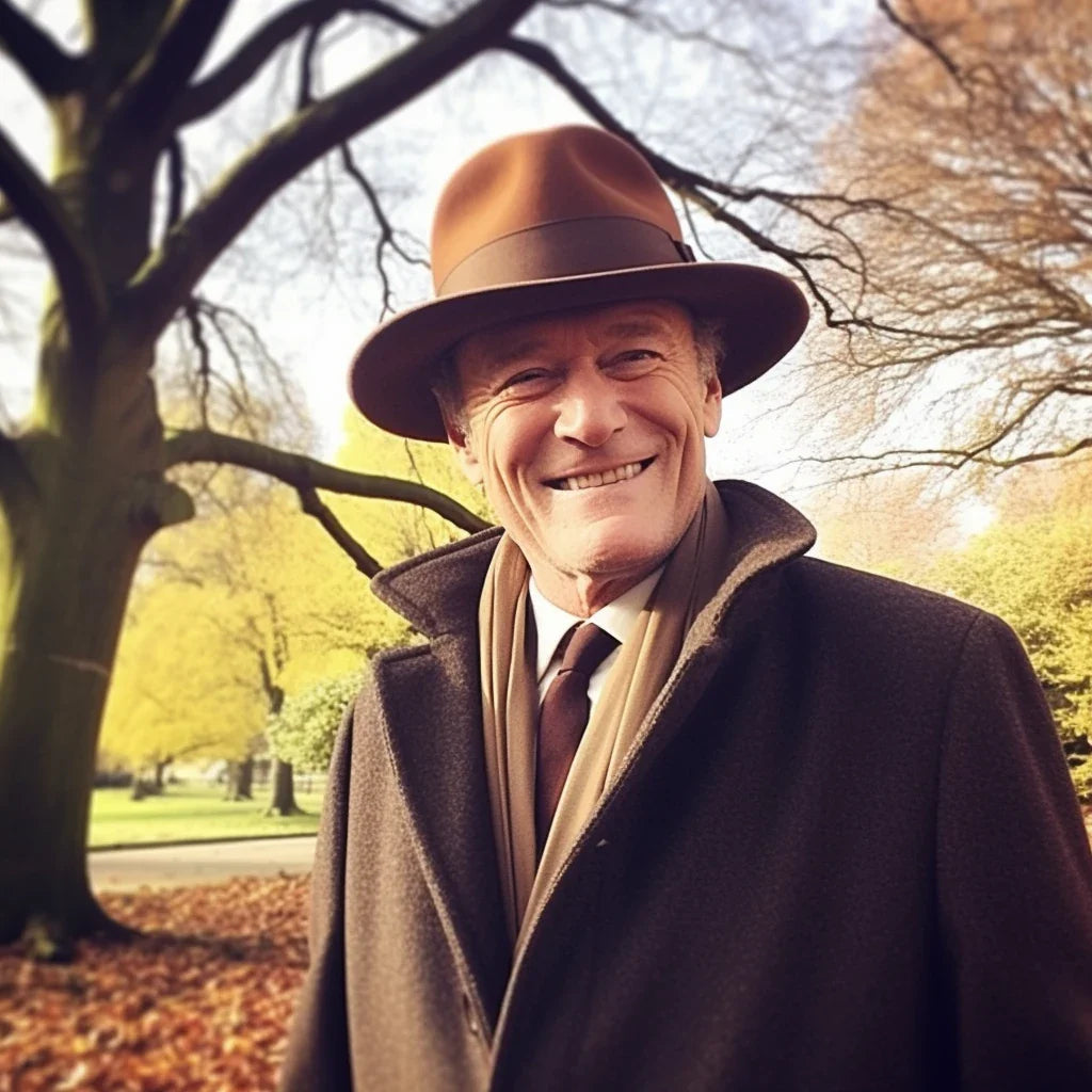 A charming elderly man with a cheerful smile stands against the backdrop of a sunlit park in autumn. He wears a distinguished brown hat, complemented by a rich brown coat and scarf, amidst the vivid yellow hues of the fall foliage.