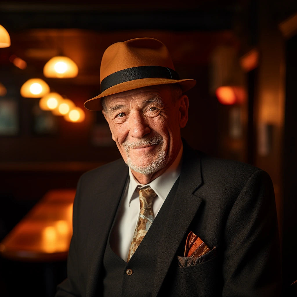 A portrait of an elderly gentleman with a warm smile, wearing a tan Agnoulita Hermes hat, dark suit, and patterned tie. He's set against a backdrop of a dimly lit room with glowing amber lights and hints of wooden furnishings.