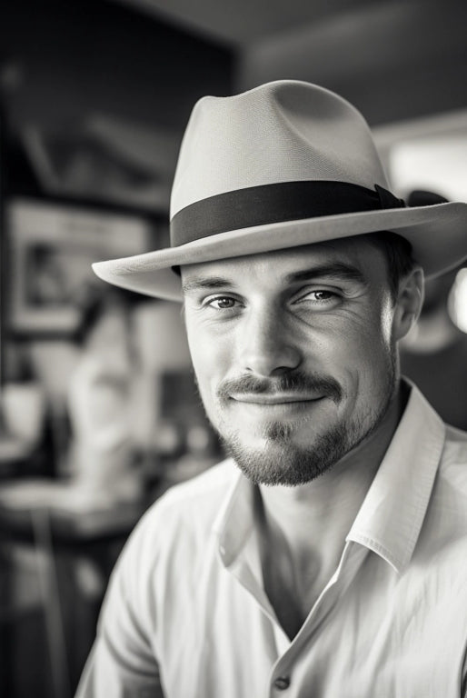 Man in a cafe wearing a stylish center-creased vintage felt fedora hat, embodying classic charm and modern elegance
