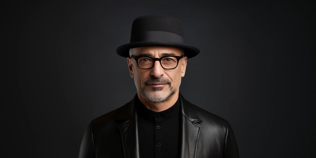 A confident, mature man with glasses gazes directly at the viewer. He sports a sleek black Agnoulita pork pie hat and a matching leather jacket against a muted dark background.