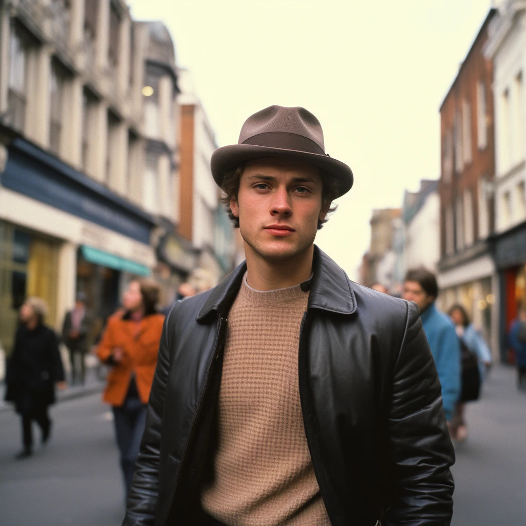 A young man donning an Agnoulita hat paired with a leather jacket stands confidently amidst a bustling city street, showcasing a blend of classic and contemporary fashion