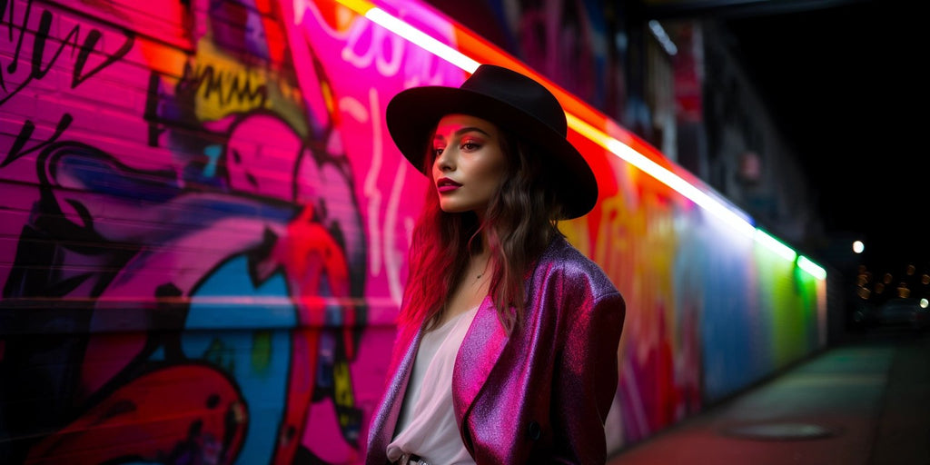 Agnoulita Hats fashion shoot featuring a model wearing a wide brim felt fedora hat against a graffiti wall backdrop, in an urban landscape illuminated by neon lights during twilight. The vivid contrast and leading lines add to the dynamic composition.