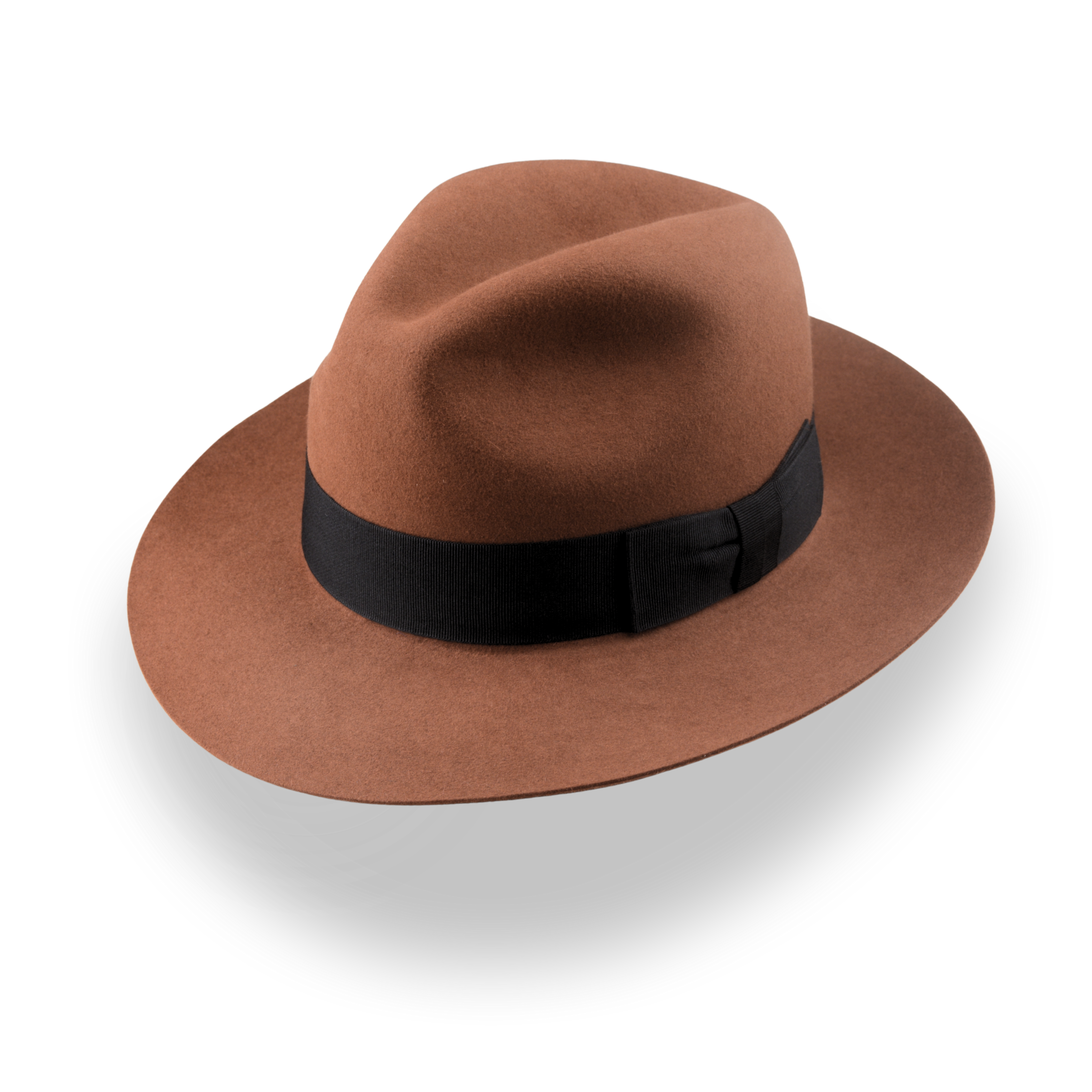 Brown fedora hat with a black band on a white background