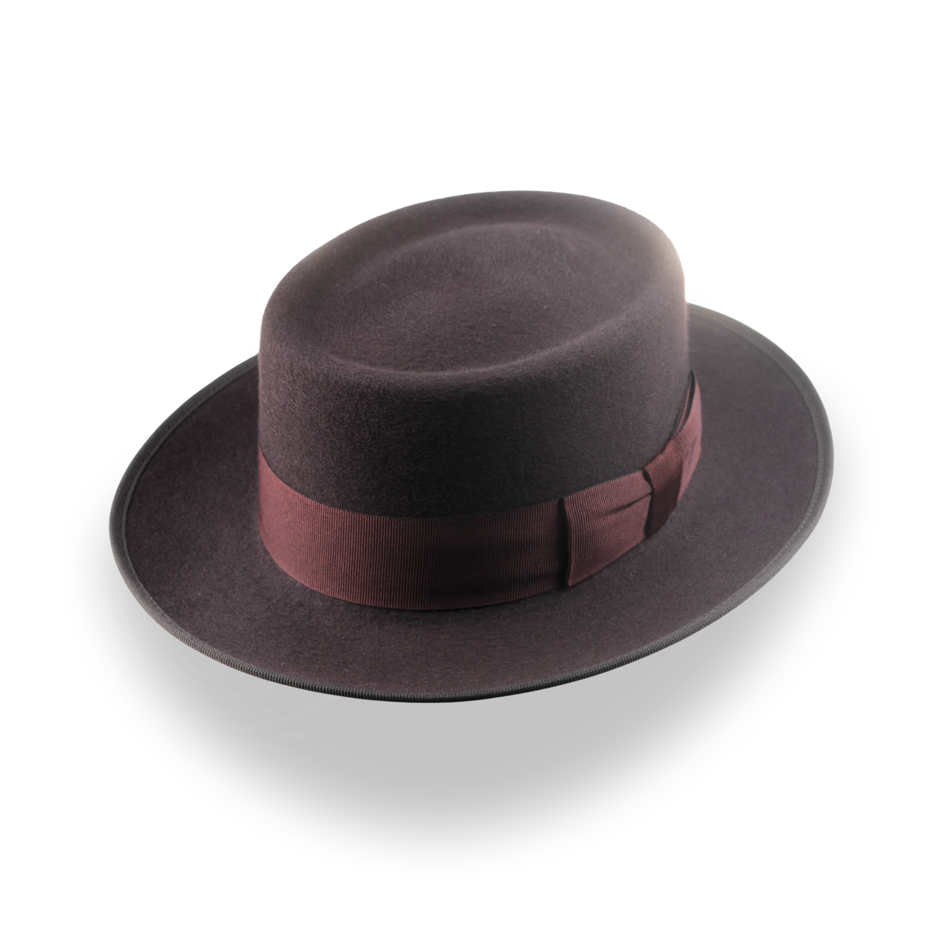 Brown fedora hat with a burgundy band on a white background
