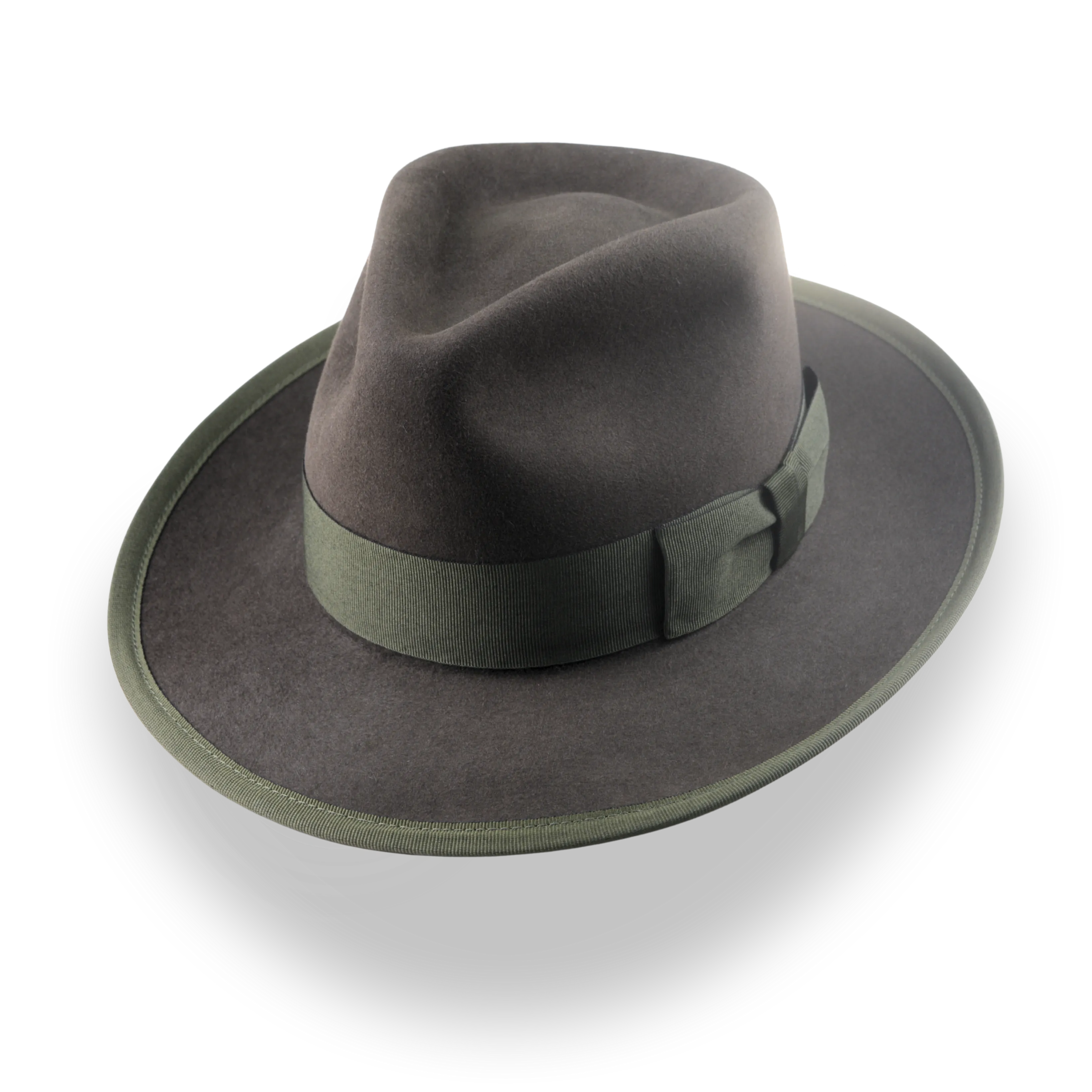 Dark olive fedora hat with a green band on a white background