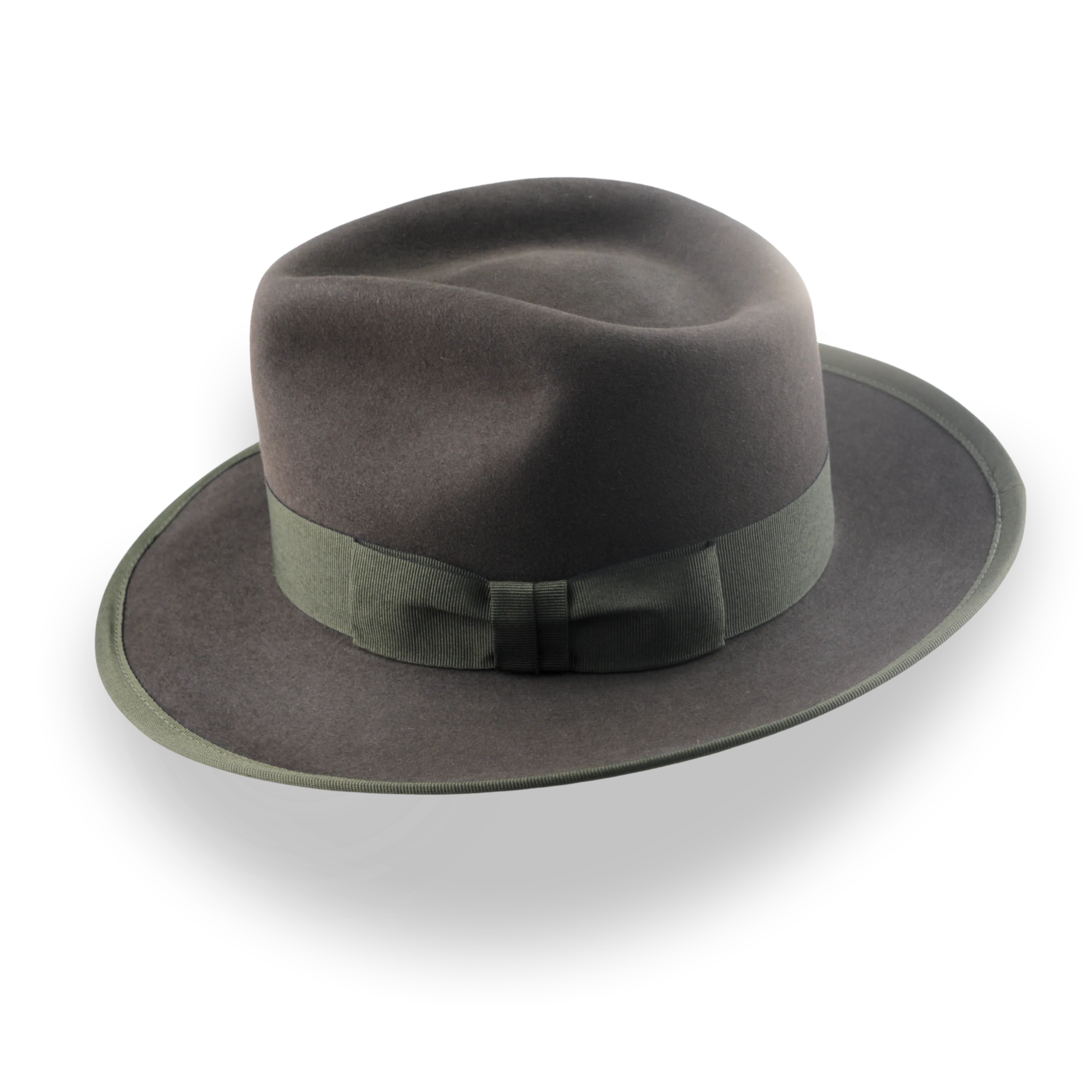 Olive fedora hat with a green band on a white background