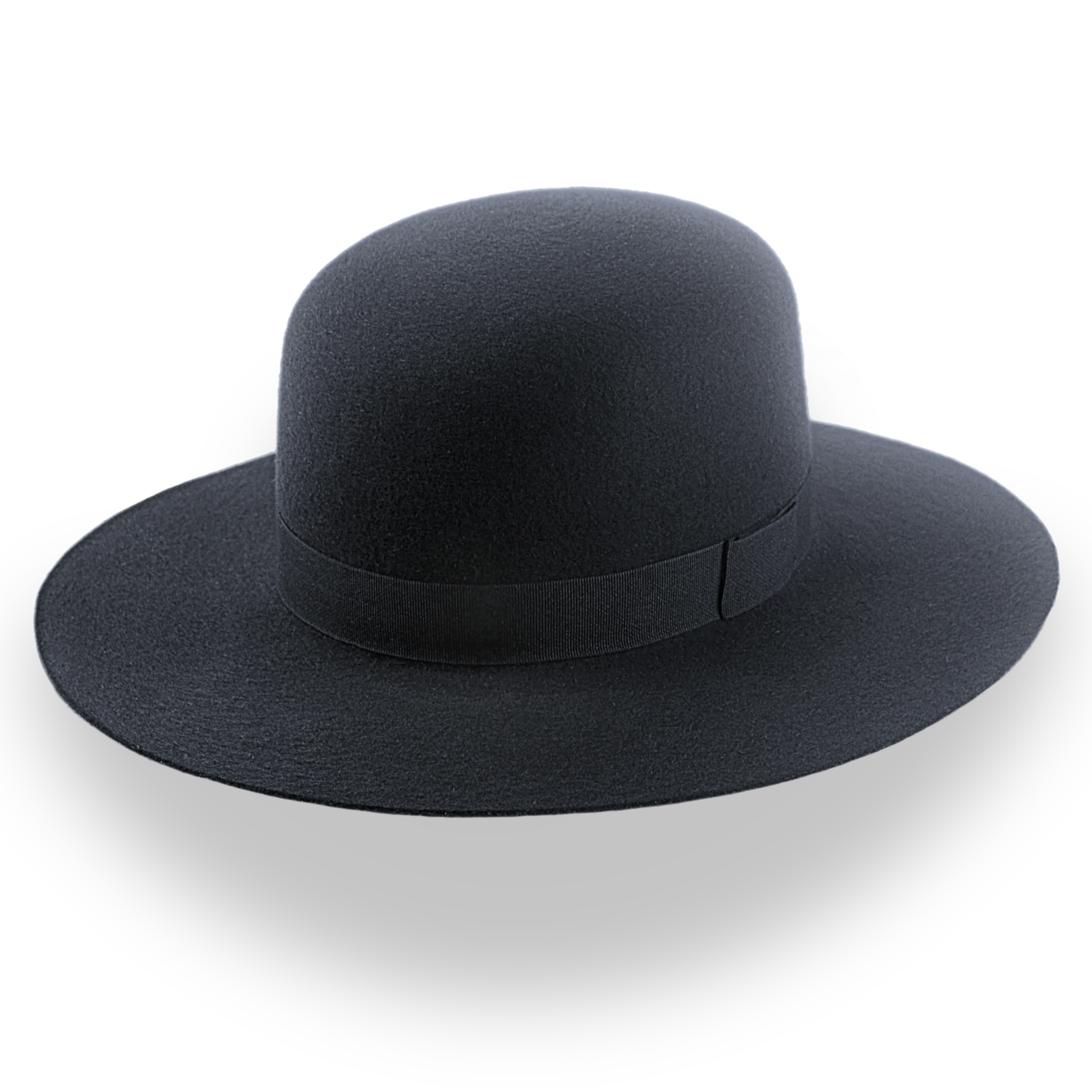 Black fedora hat with a wide brim on a white background