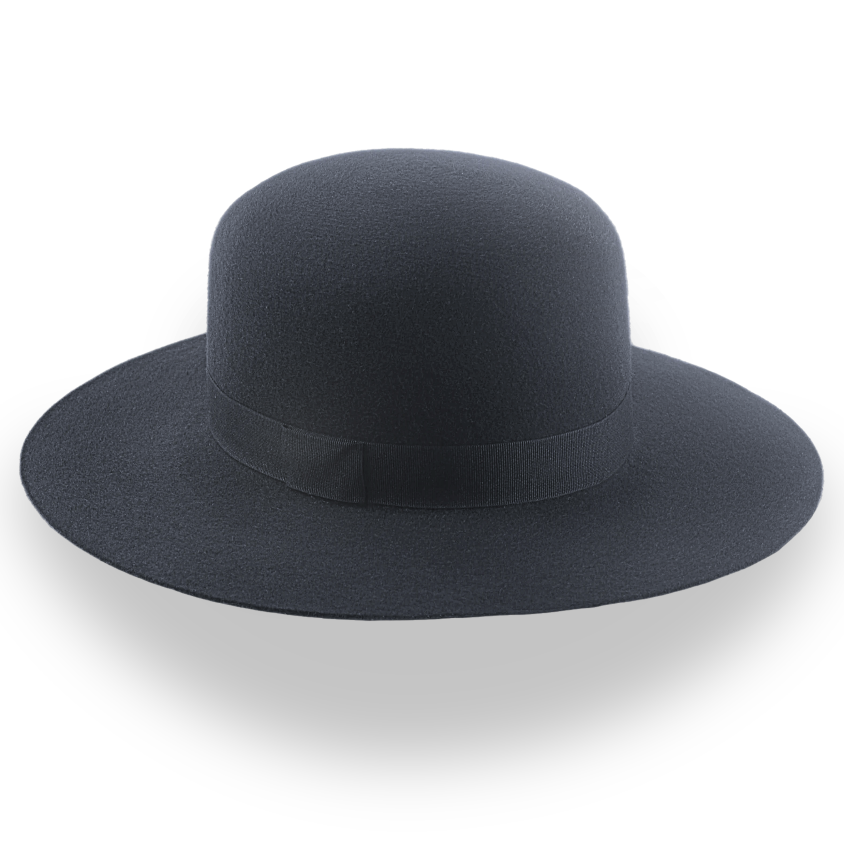 Black wide-brimmed hat with a ribbon on a white background