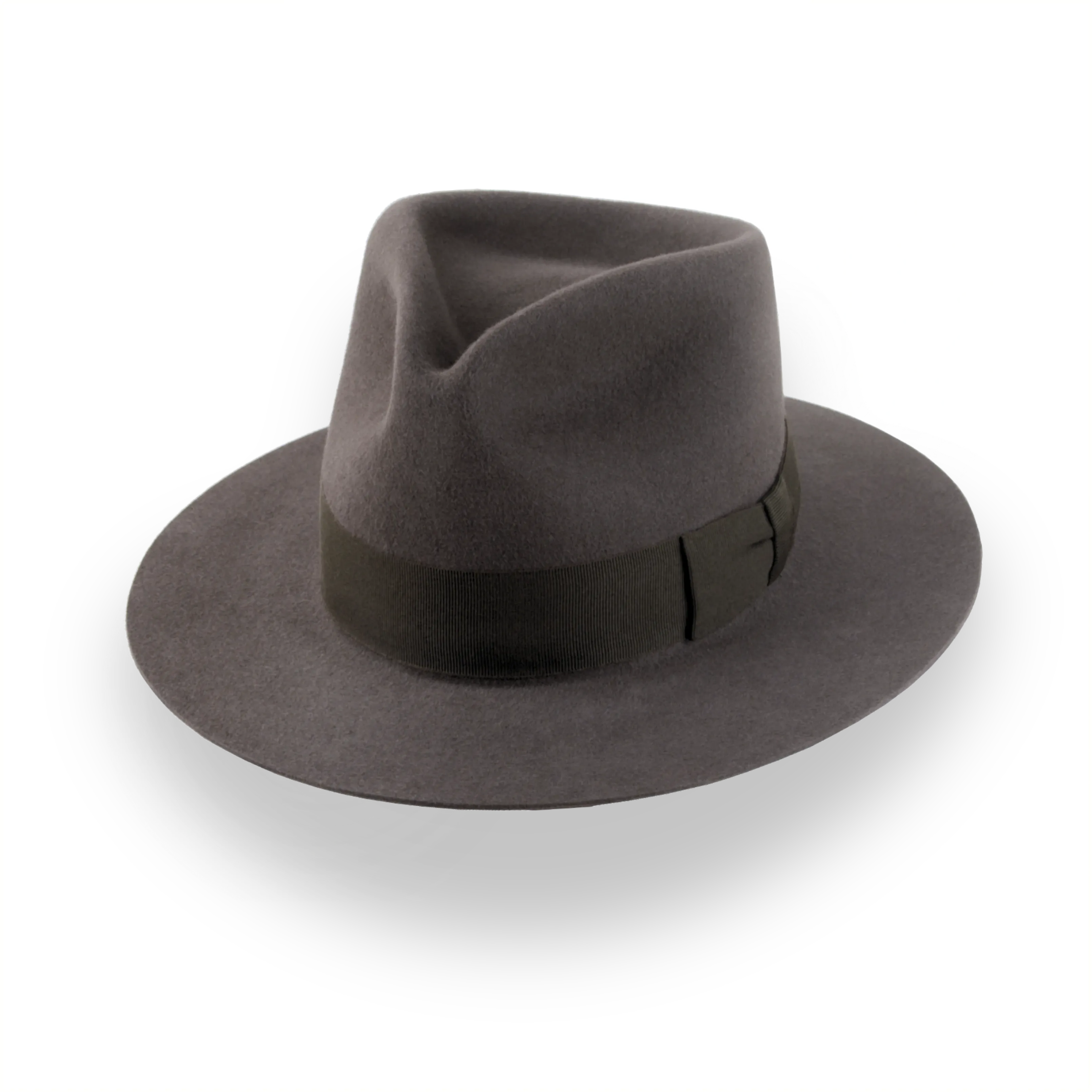Caribou Grey outback fedora in rabbit fur felt with teardrop crown and dark brown grosgrain ribbon, three-quarter view