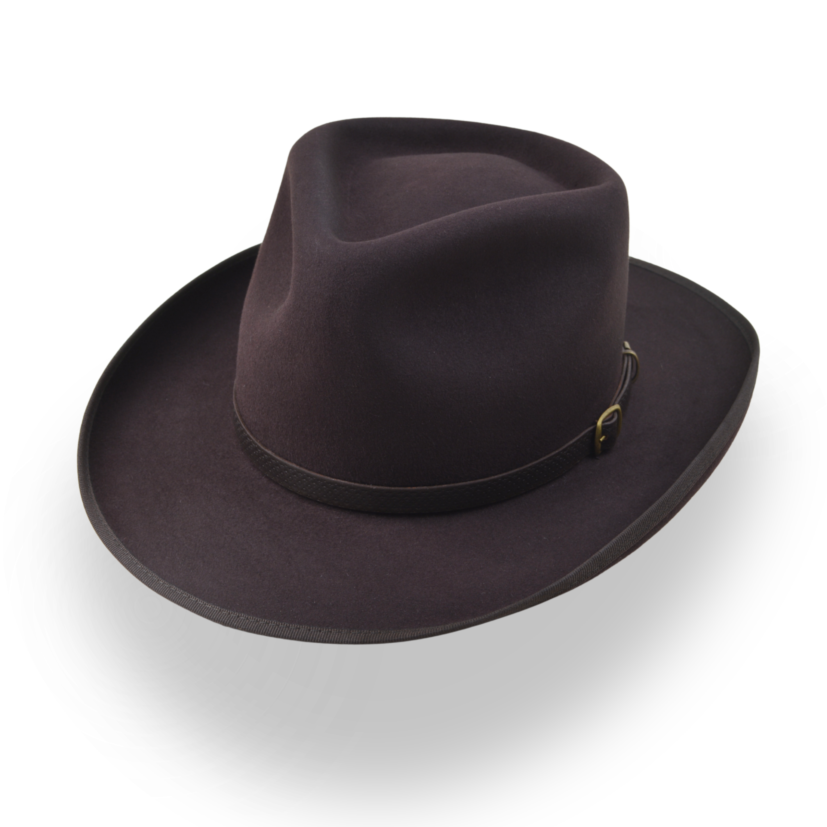 Brown fedora hat with a belt on a white background