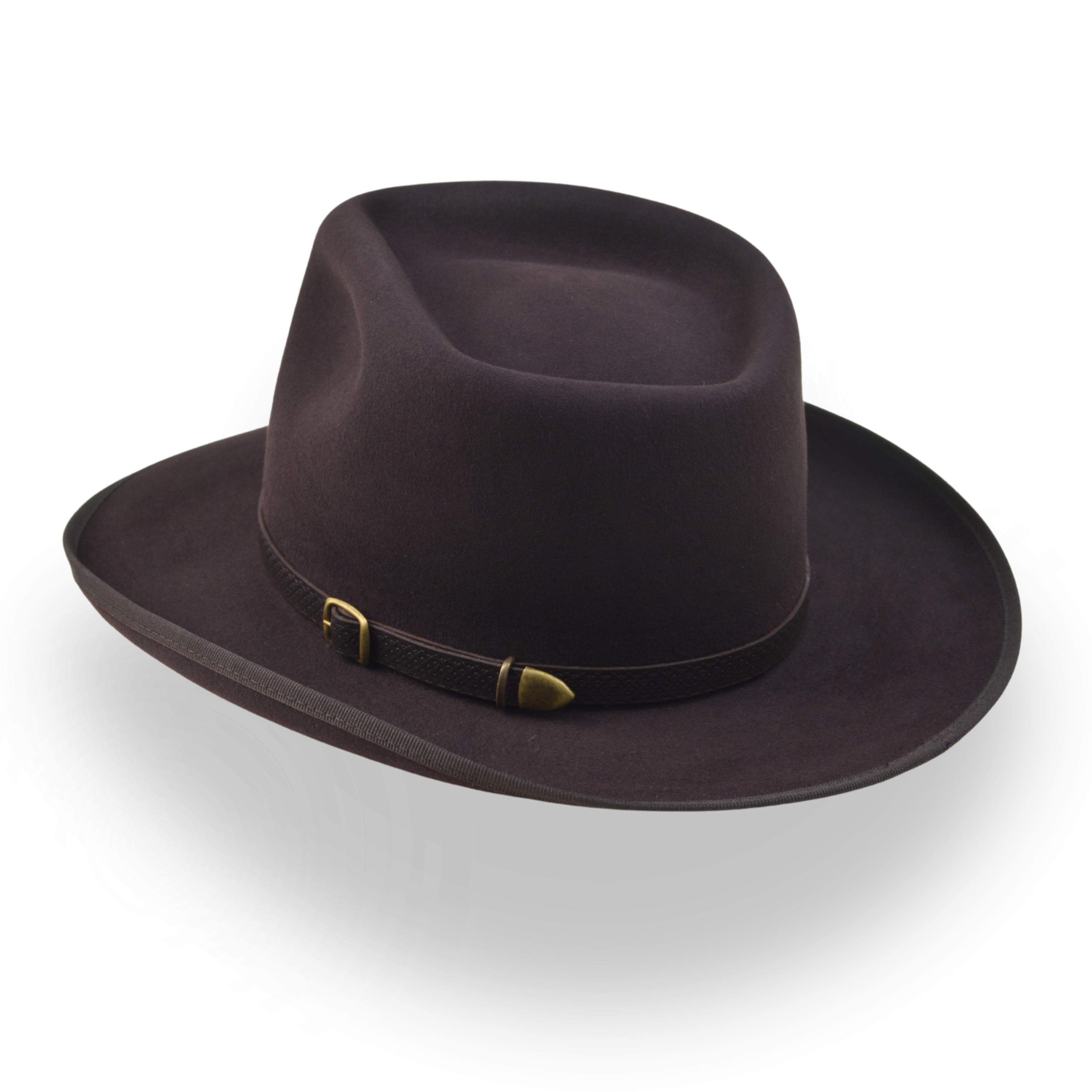 Brown fedora hat with a belt on a white background