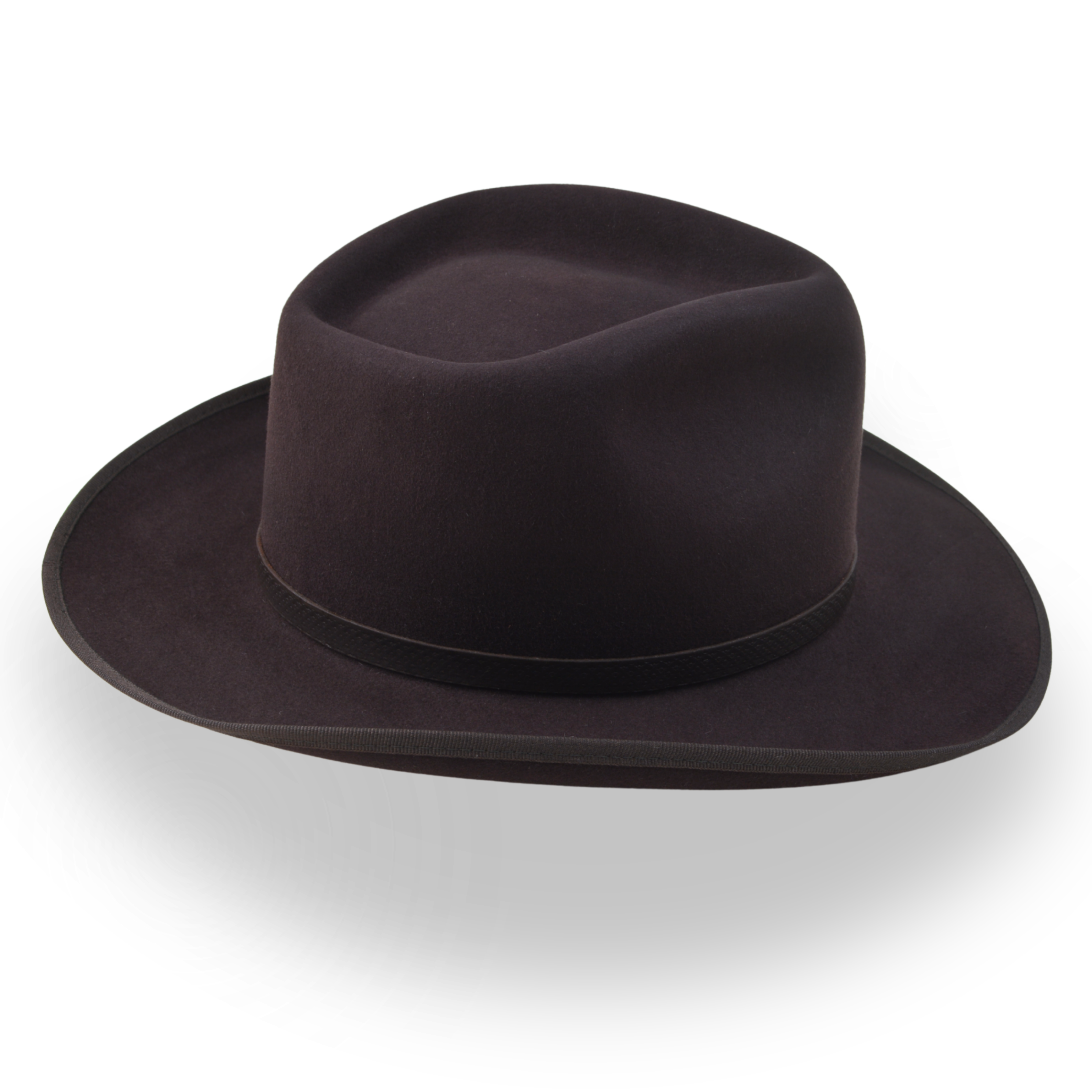 Dark brown fedora hat on a white background