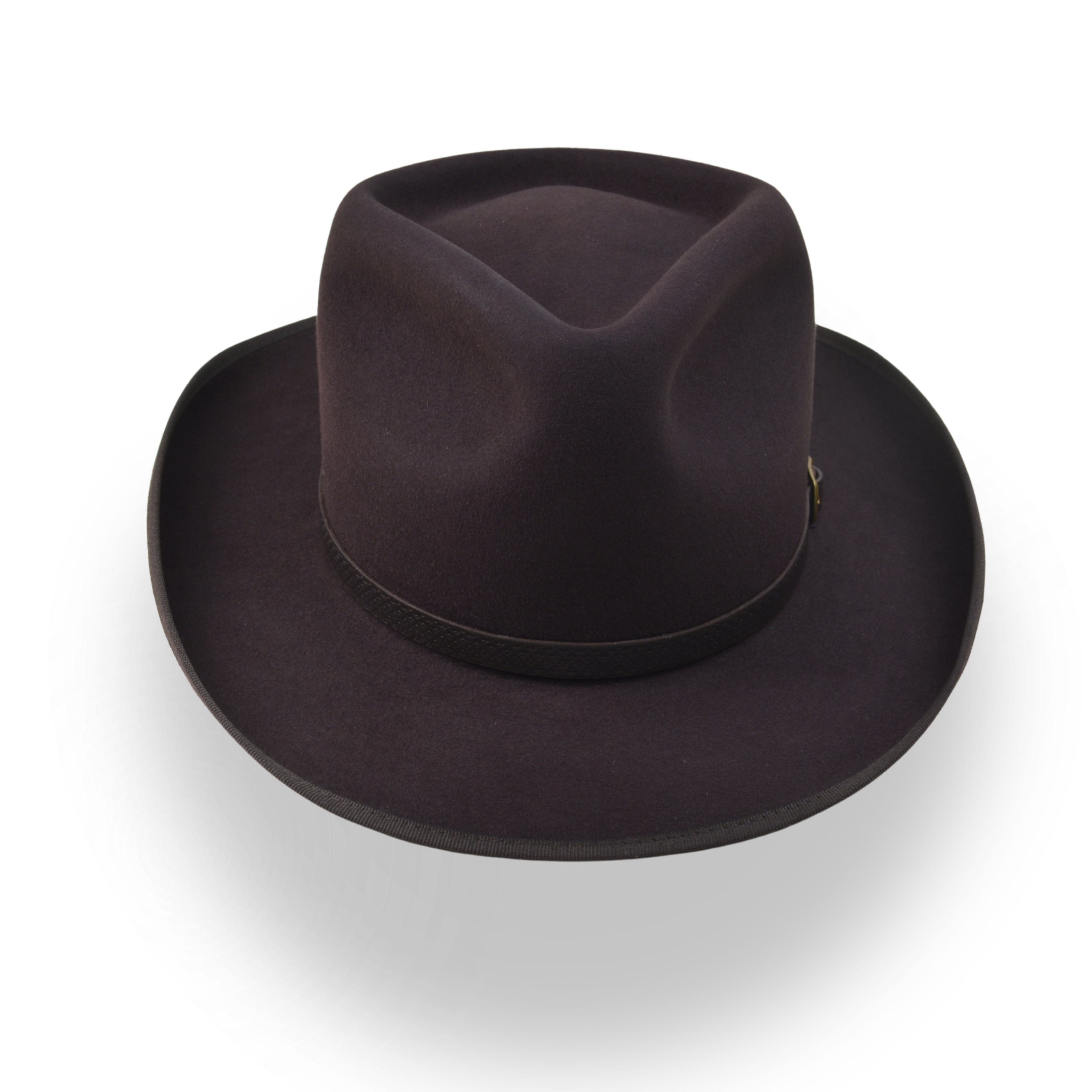 Dark brown fedora hat on a white background