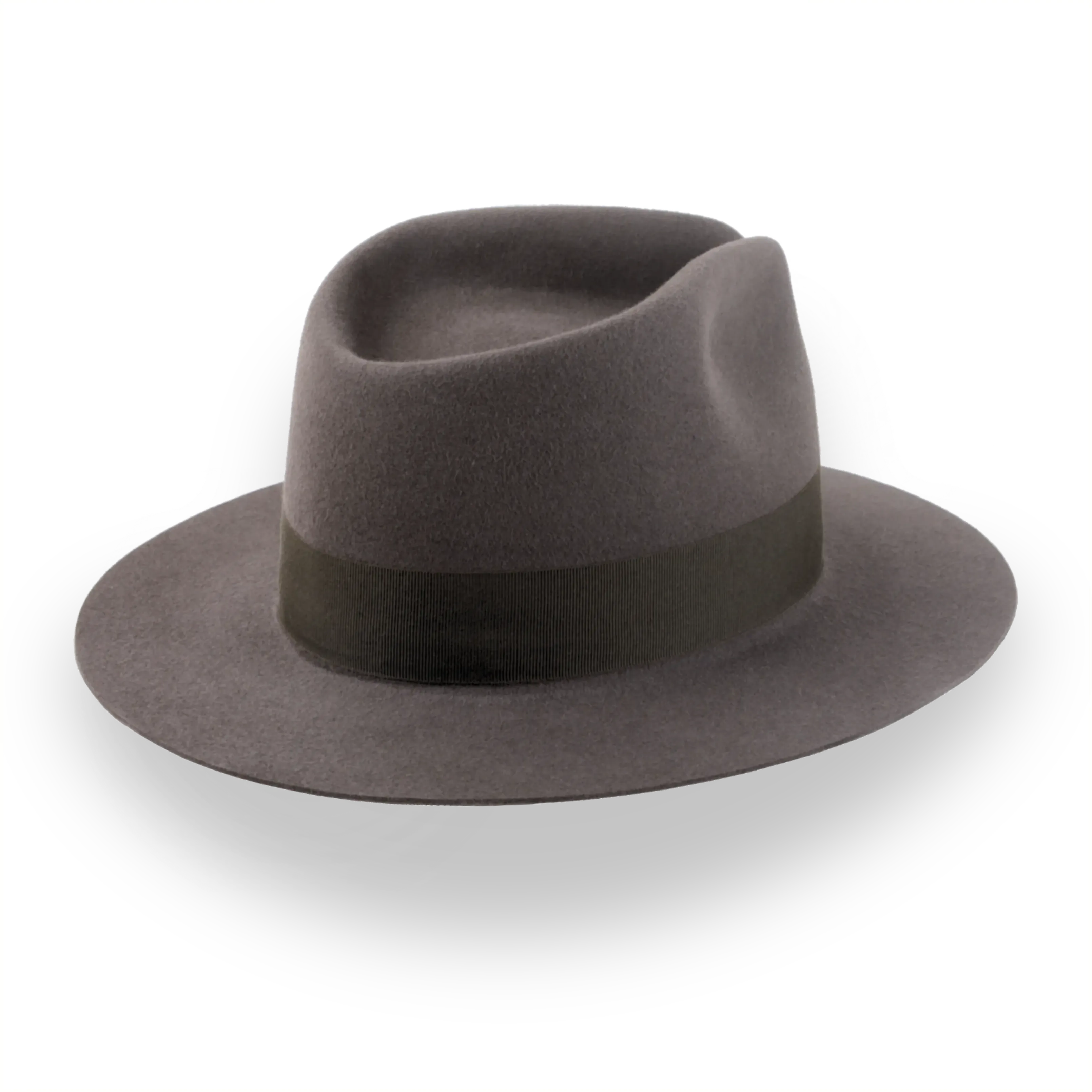 Angled view of the Desperado outback fedora displaying teardrop crown shape and dark brown grosgrain ribbon
