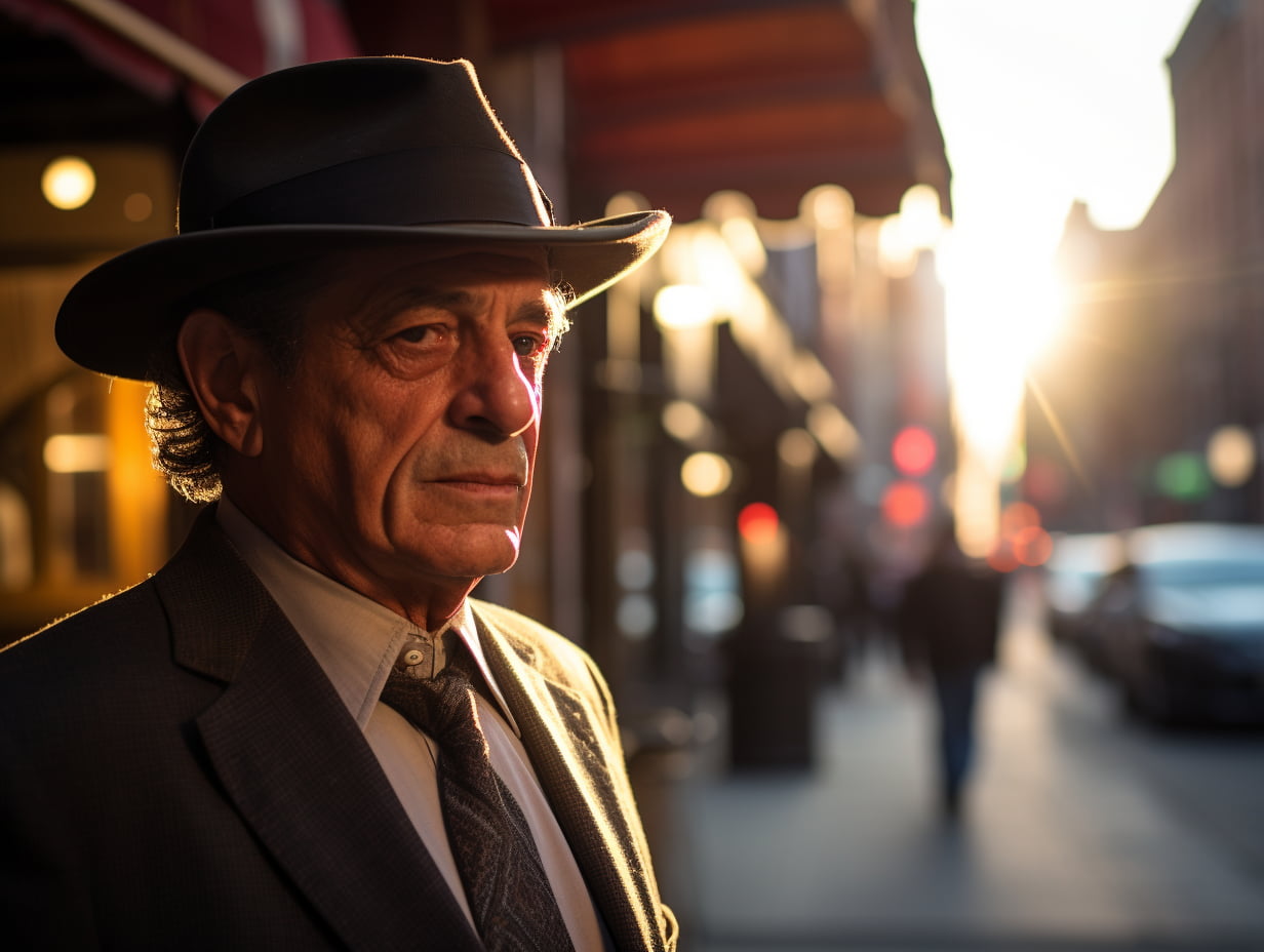 Pensive man in a Homburg hat and suit, with the city sunset casting a golden glow on his face