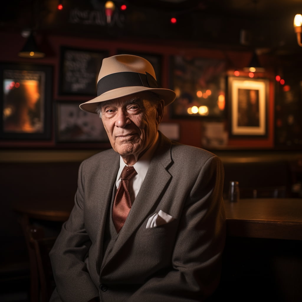 Elderly gentleman in a suit and fedora with a warm smile, seated in a cozy jazz club with ambient lighting