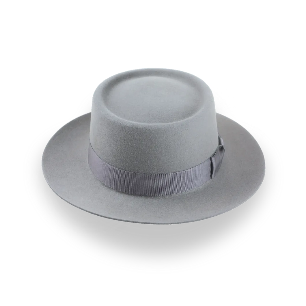 Grey Flat Top Wide Brim Fedora in Premium Fur Felt | The Player - Agnoulita Hats 6