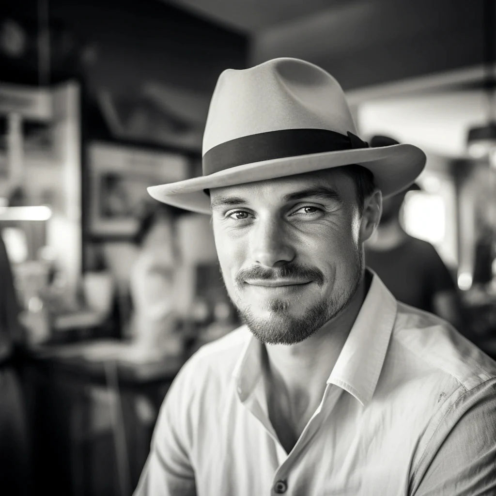 A close-up grayscale portrait of a man with a warm smile, wearing an Agnoulita fedora hat and crisp white shirt. The blurred background suggests a bustling environment, possibly a cafe or a bar