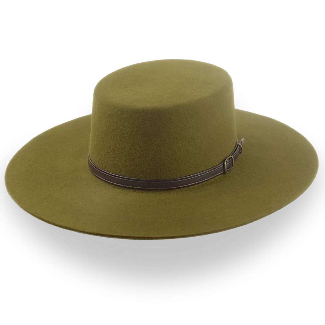 Olive Green Flat Cowboy Hat In Premium Wool Felt | The Galloper - Agnoulita Hats 1