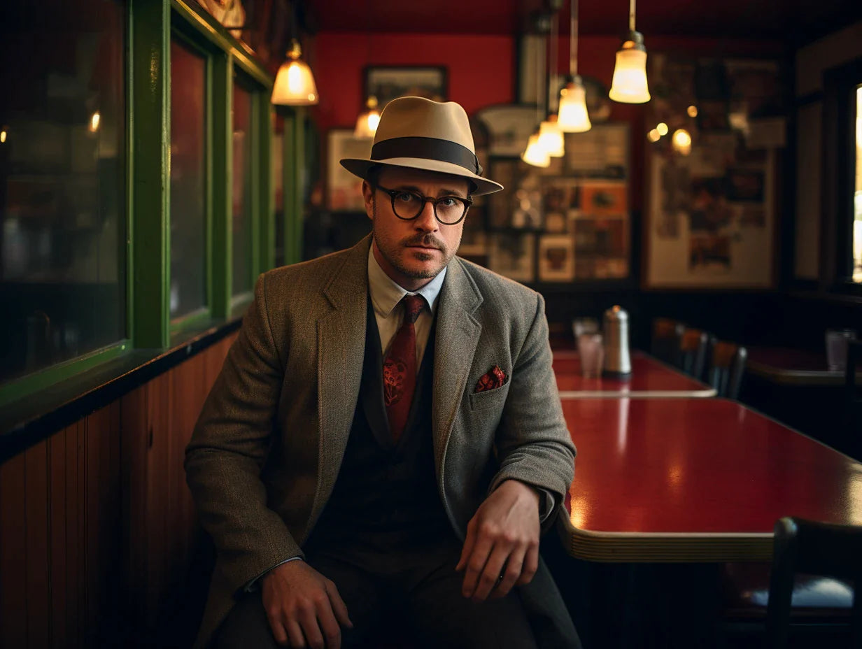Stylish man in a custom fedora, wearing glasses and a tailored suit, seated in a vintage diner with ambient lighting, representing Agnoulita Hats' Rendezvous Collection of romantic fedora styles