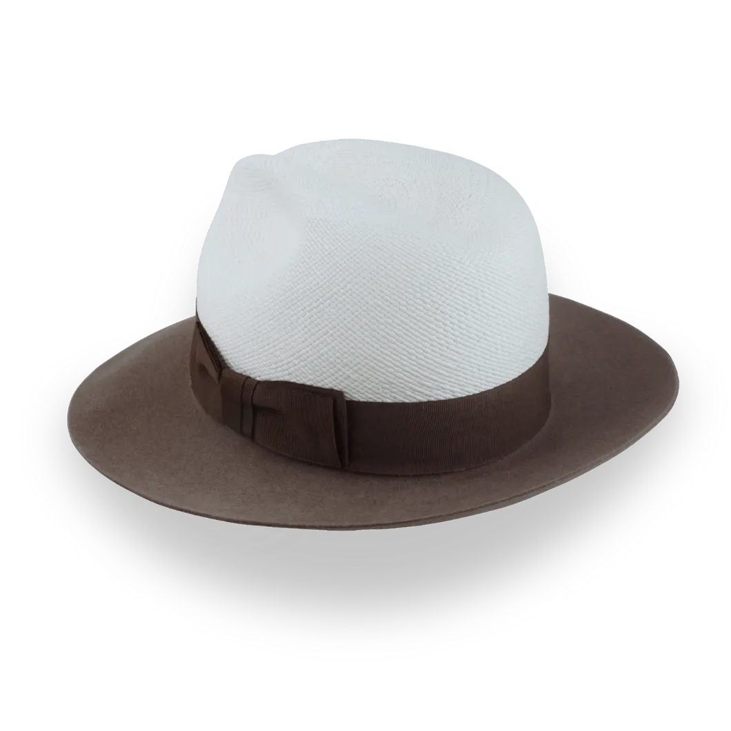 Taupe Brown and Off-White Two-Tone Panama Fedora Hat with Felt Brim | The Monarch - Agnoulita Hats 3