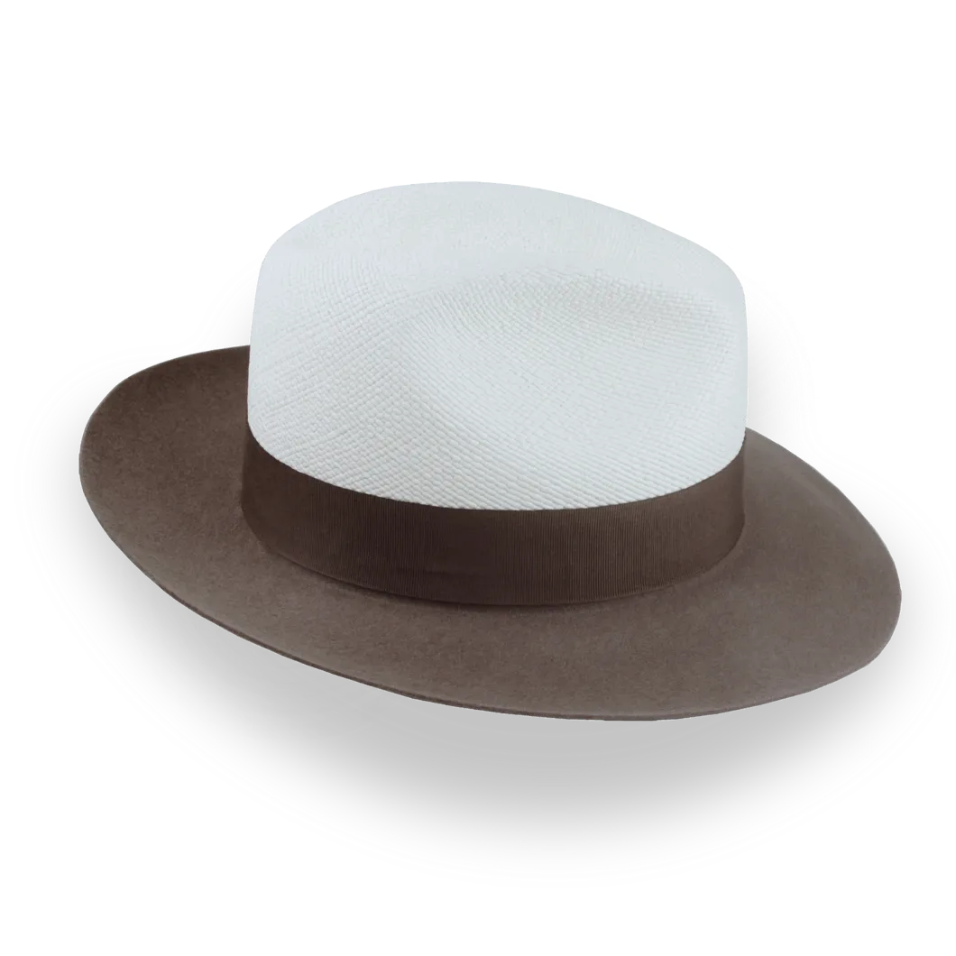 Taupe Brown and Off-White Two-Tone Panama Fedora Hat with Felt Brim | The Monarch - Agnoulita Hats 5
