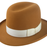High-angle shot of the Derringer homburg fedora, featuring its raw-edge rolled brim and grosgrain ribbon hatband