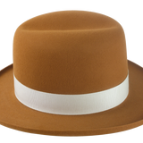 Angle view of the Derringer homburg fedora showcasing the unique single-crease crown and raw-edge rolled brim