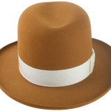 Full view of the Derringer homburg fedora, complete with its ivory grosgrain ribbon hatband, accentuating its elegant and timeless design