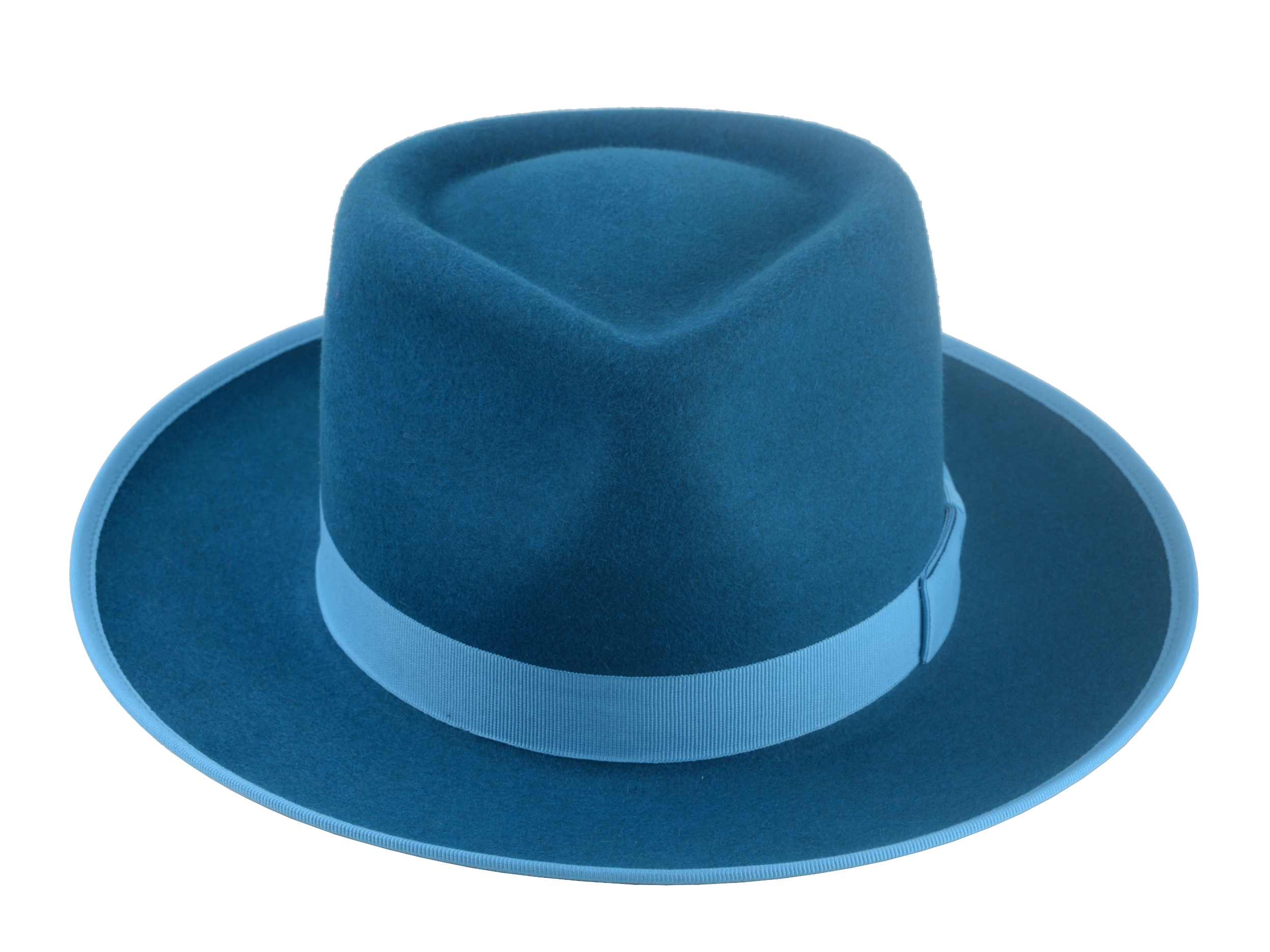 Full view of Equinox fedora hat, showcasing its fashionable silhouette and rich dark teal colo