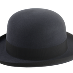 Close-up view of the Jubilee, a luxury bowler hat showcasing its round crown design and dark slate grey felt.