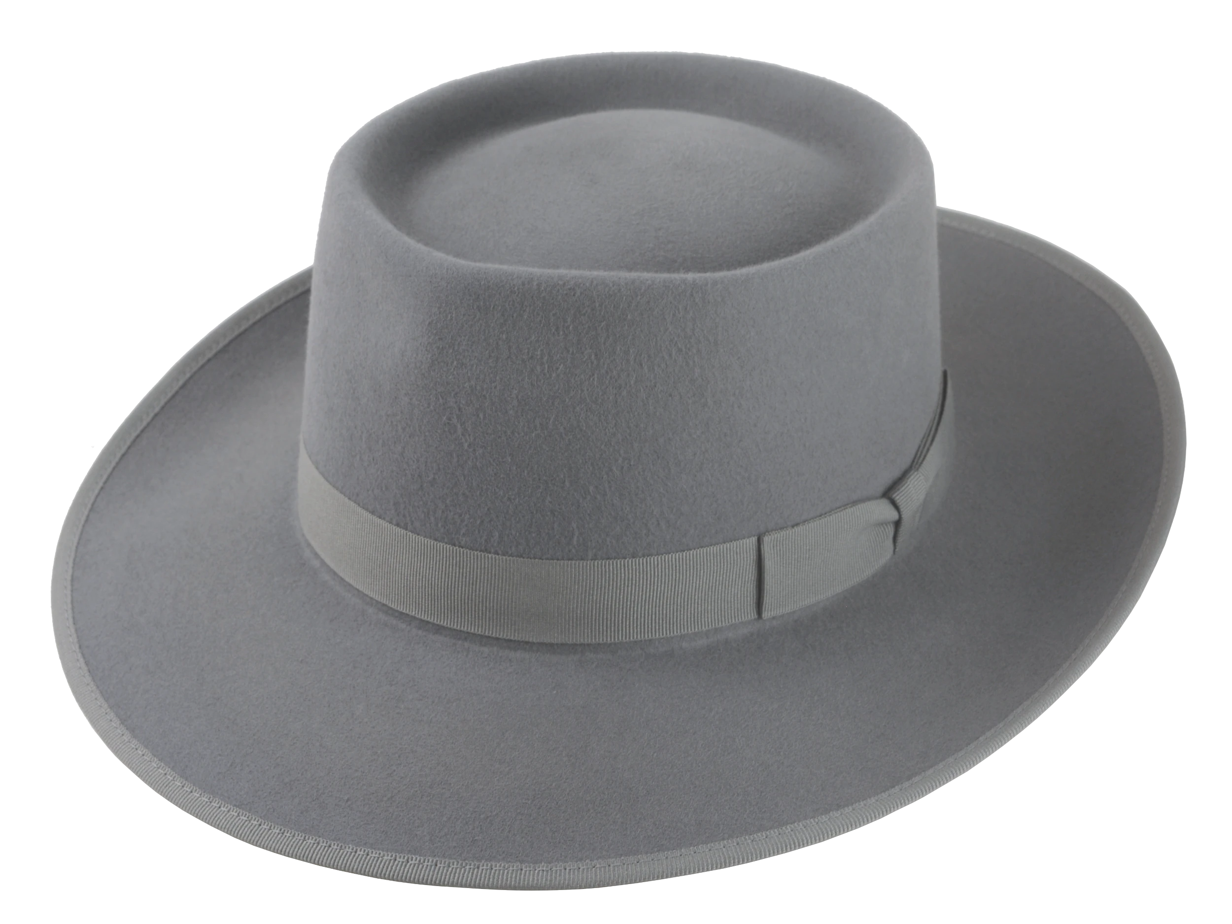 The Oppenheimer Wide-Brim Porkpie Hat in Pewter Grey, accentuating its fashionable shade | Agnoulita Hats