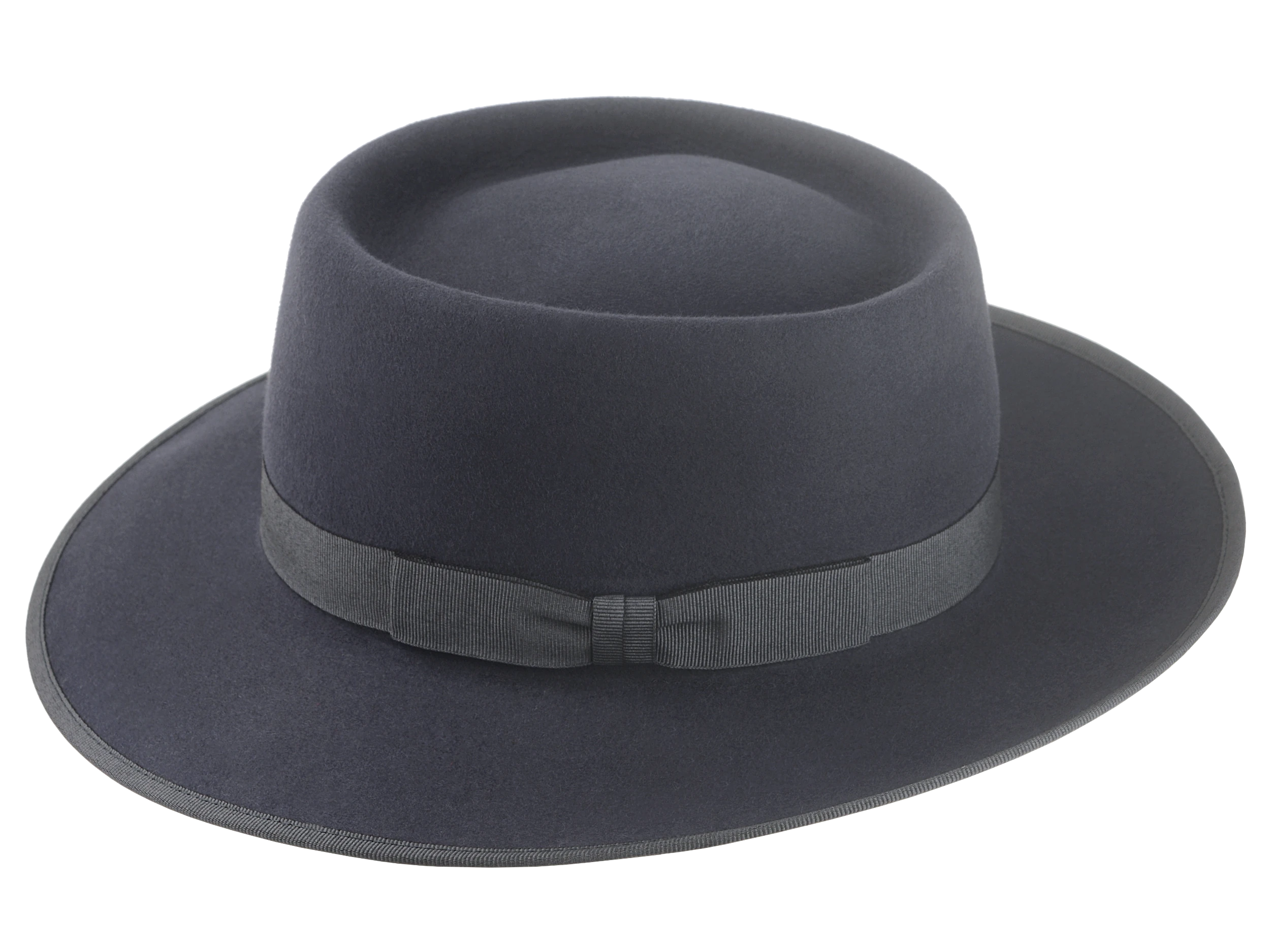 Angled view of the Oppenheimer Wide-Brim Porkpie Fedora highlighting the 1" grosgrain ribbon hatband in ash color | Agnoulita Hats