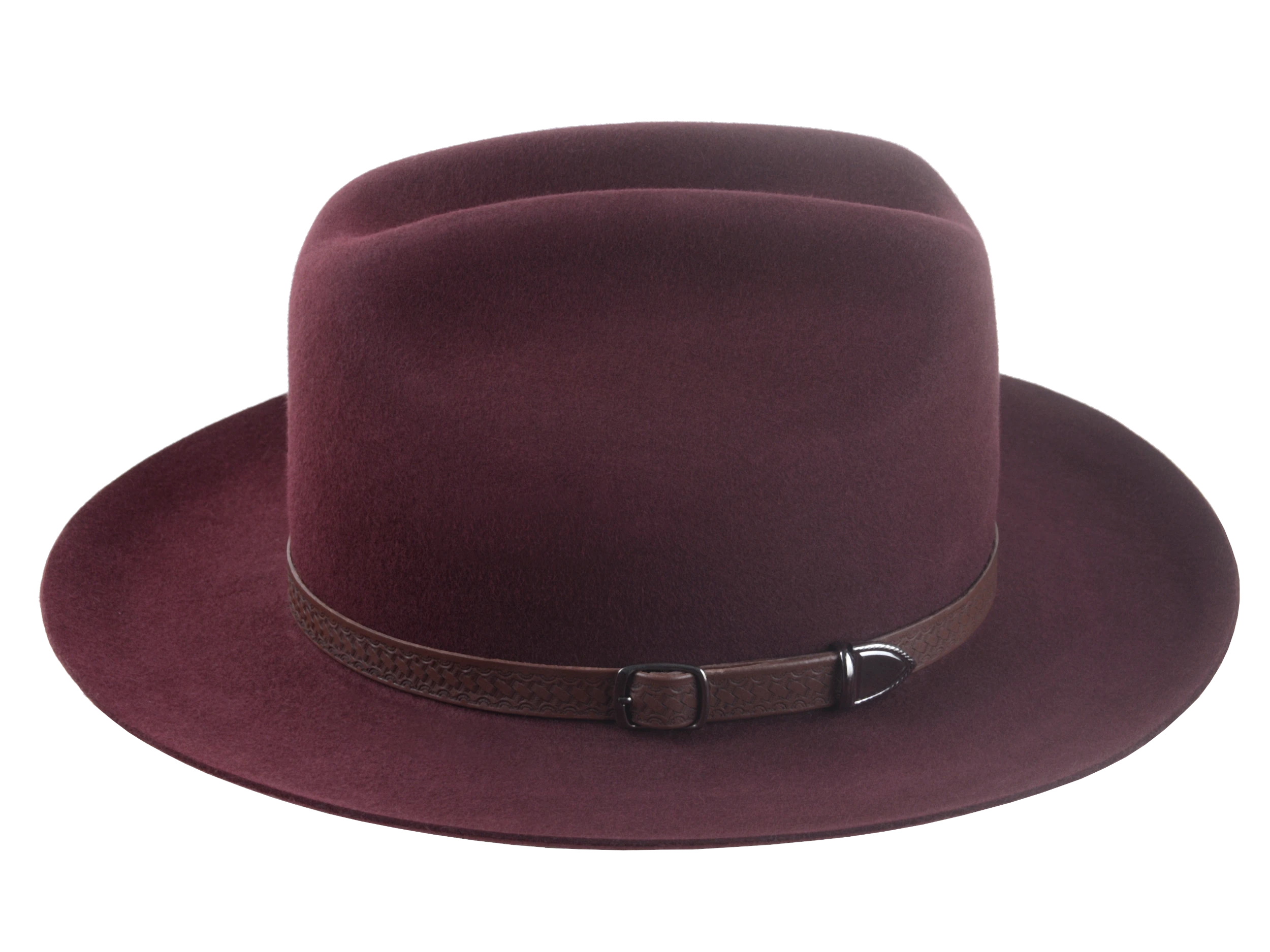 The Patriot: Side angle showing the elegant 5 1/2" crown height and smooth burgundy finish | Agnoulita Hats