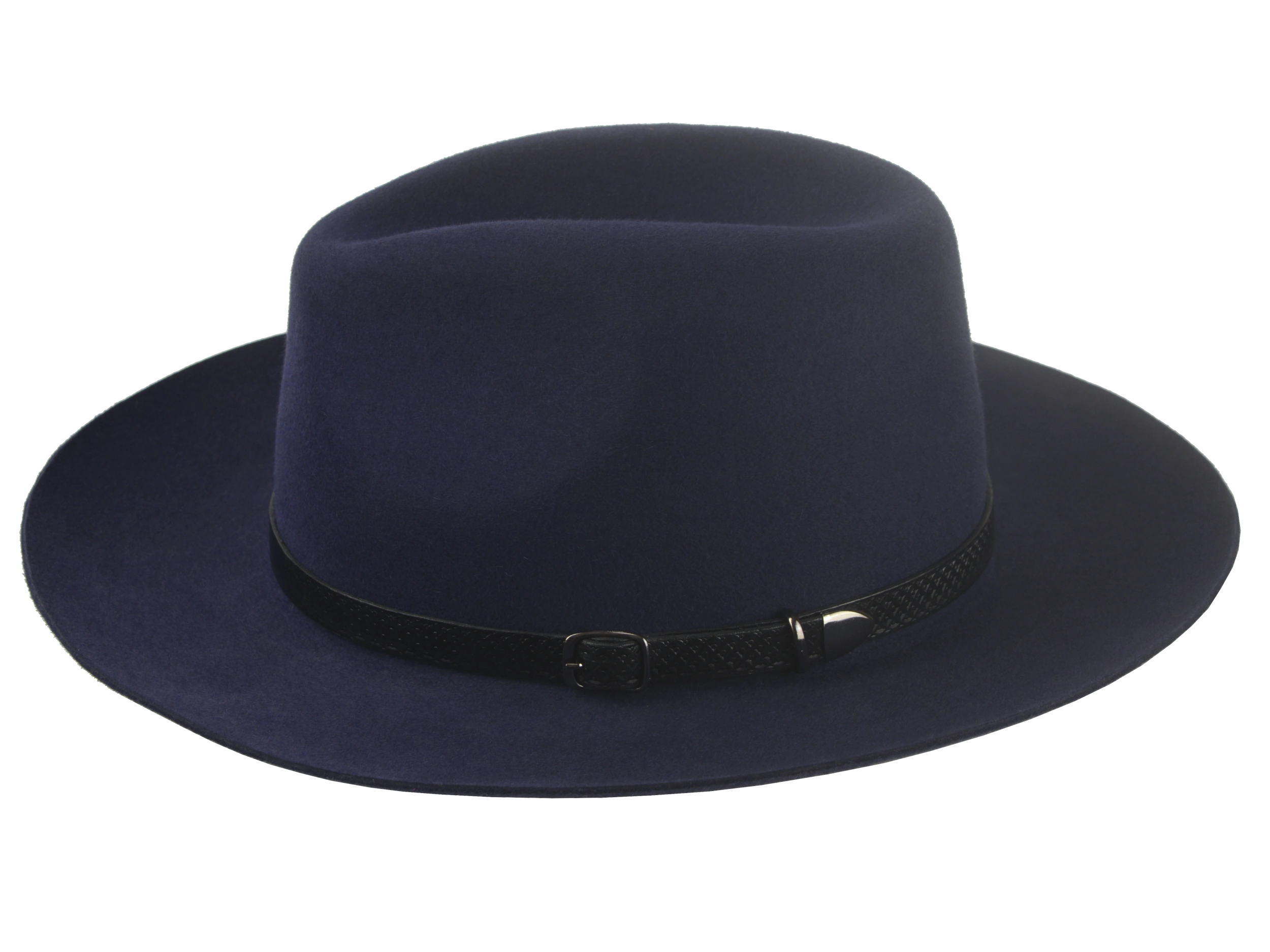 The Rebel - Rabbit Fur Felt Wide Brim Fedora For Men or Women with Engraved Black Leather Hat Belt in Navy Blue Color | Agnoulita Quality Custom Hats 2