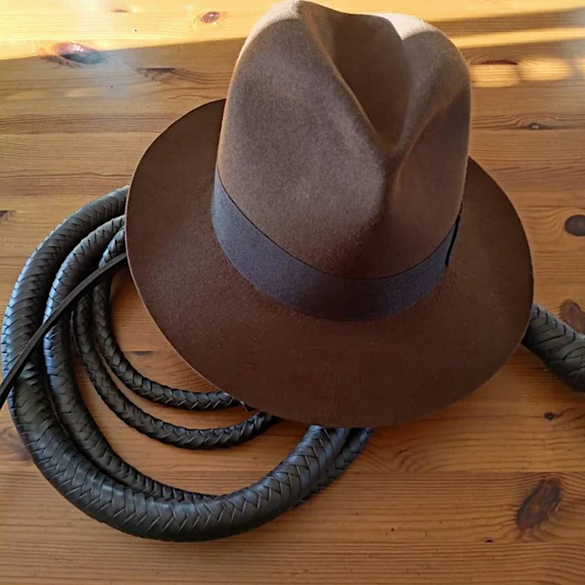 An Agnoulita hat in the style of Indiana Jones, accompanied by an iconic leather whip.